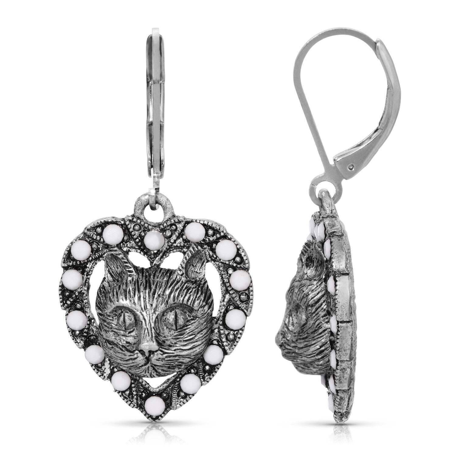 1928 Jewelry Heart and Cat White Opaque Accent Stone Lever Back Earrings - Vintage Style Dangle Earrings for Women, Perfect for Valentine's Day Gifts, Date Night, and Special Occasions