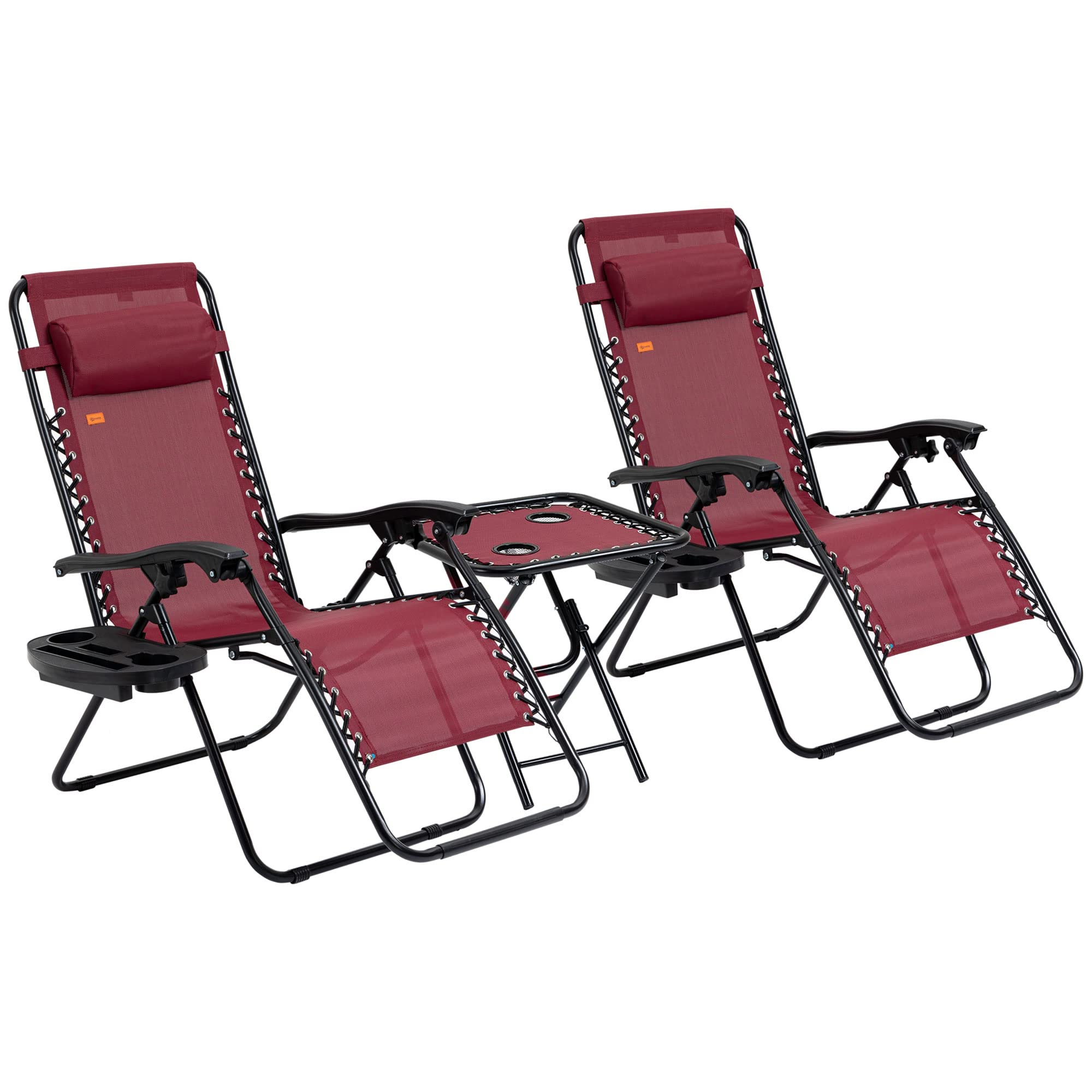 Outsunny Zero Gravity Lounge Chair Set with Side Table - Adjustable Folding Recliner with Cup Holders & Head Pillow - Patio, Backyard, Poolside, Beach Relaxation - Perfect for Sunbathing, Camping & Outdoor Lounging (Wine Red)