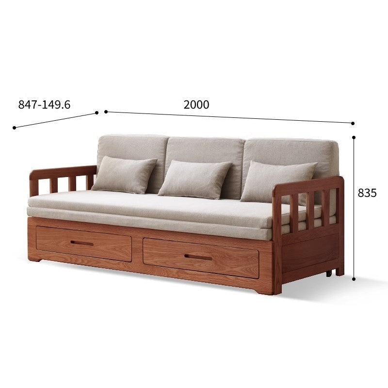 Solid Oak Wood Sofa Bed with Folding & Retractable Storage | Convertible Sleeper for Small Spaces, Guest Rooms & Apartments