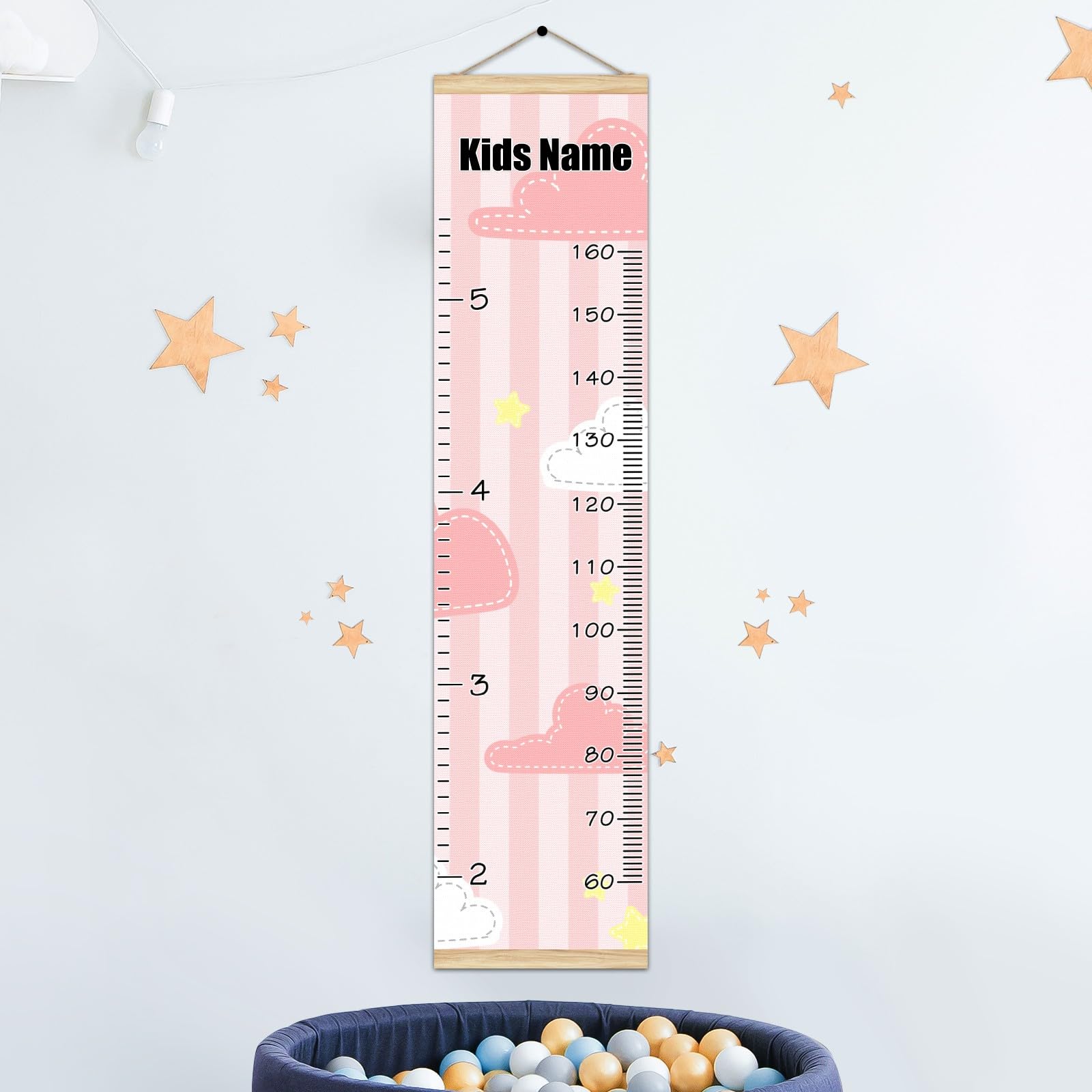 Personalized Kids Name Growth Chart Ruler - Wood Frame Wall Decor for Measuring Child's Height 13.4x56 Inches - Linen Hanging Height Tracker for Nursery & Bedroom - Cute Pink Room Decor for Girls & Boys (Perfect for Baby Showers, Birthdays & Milestone Tracking)