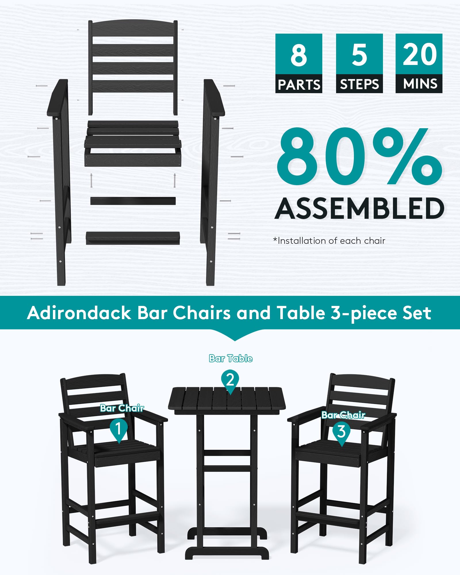 SERWALL 3-Piece Balcony Adirondack Chairs and Table Set - 2 Bar Height Chairs & Bar Table - Outdoor Patio Furniture for Bistro, Poolside, Backyard, Garden - Black - Perfect for Relaxing and Entertaining Outdoors