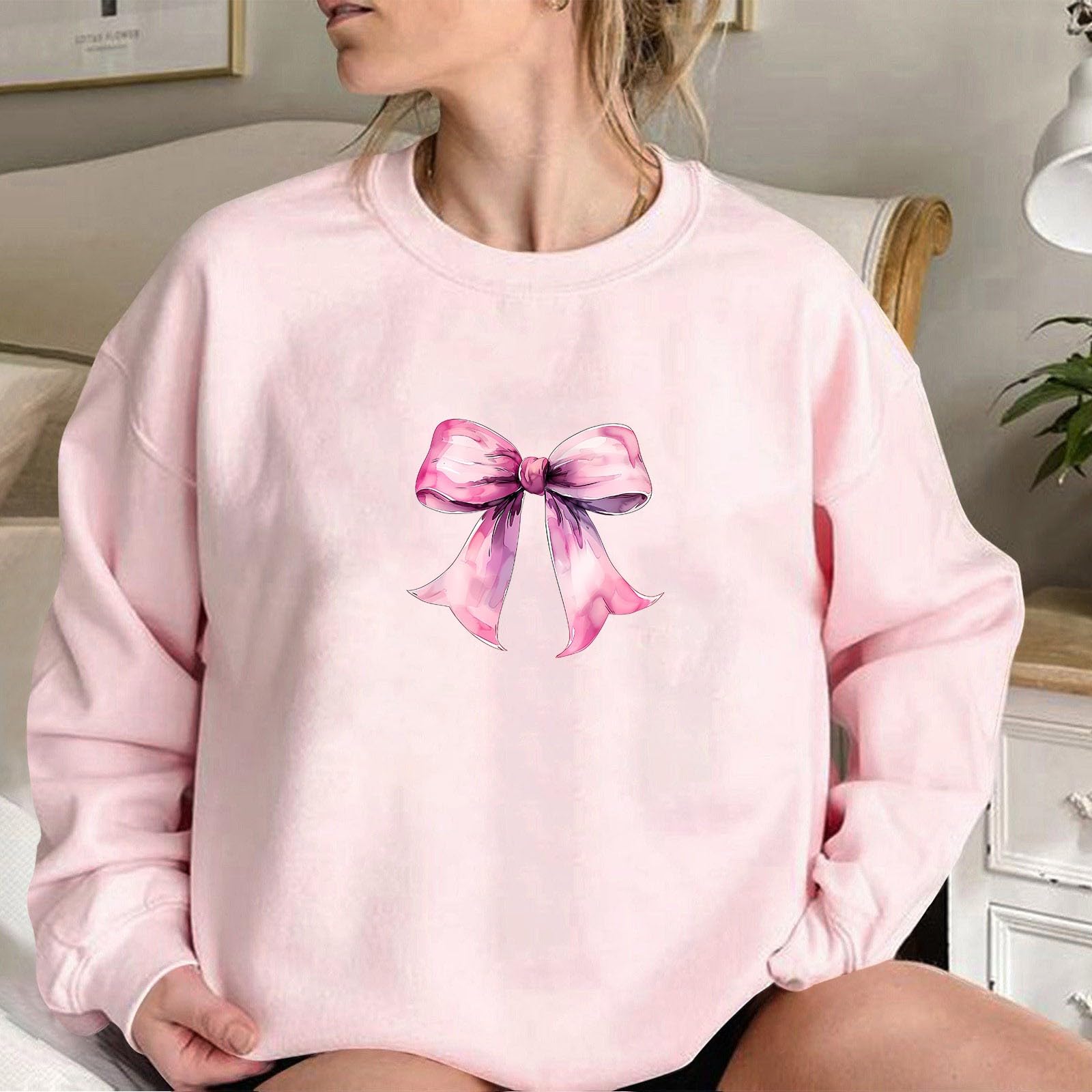 Women's Akklian Cute Cherry Bow Print Long Sleeve Oversized Sweatshirt - Kawaii Loose Pullover for Teen Girls, Preppy Pink Hoodie for Casual Wear & Cozy Outings