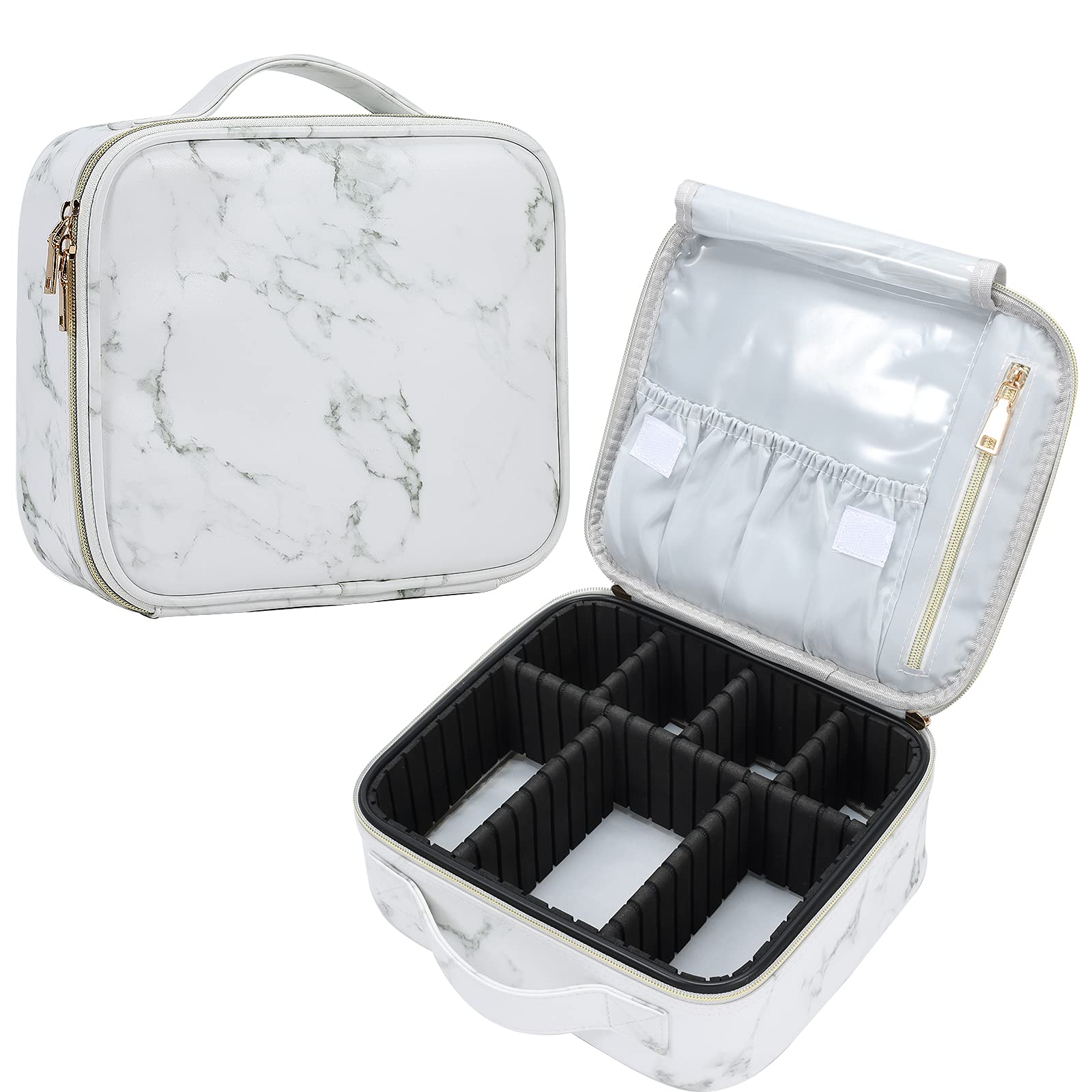 Stylish Marble Leather Makeup Bag Organizer with Dividers - Travel Cosmetic Train Case for Makeup Brushes & Toiletry Accessories | Perfect for Travel, Home Storage & Daily Beauty Routine