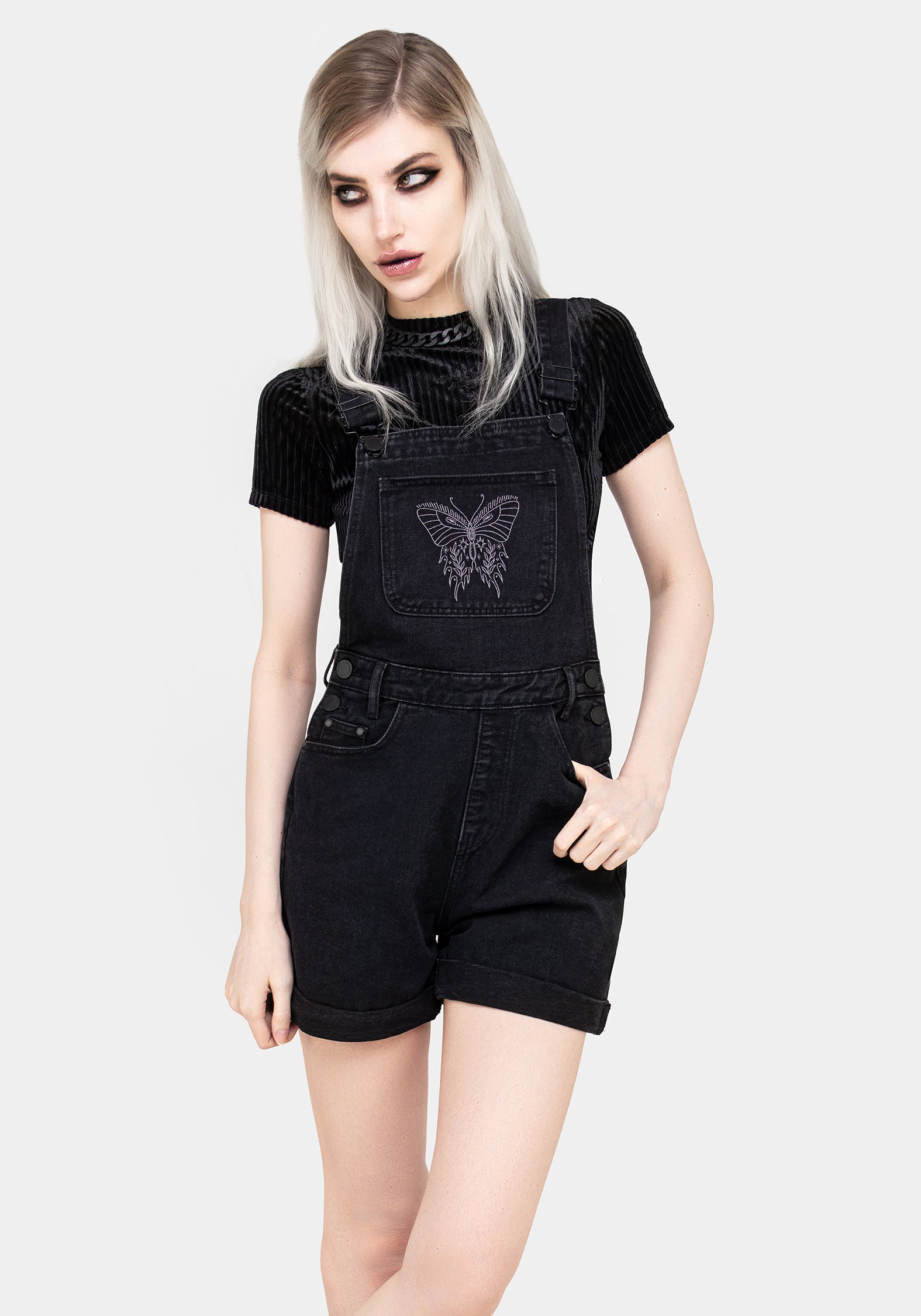 Papillon Embroidered Denim Overalls Shorts for Women - Stylish Summer Fashion for Casual Outings and Music Festivals