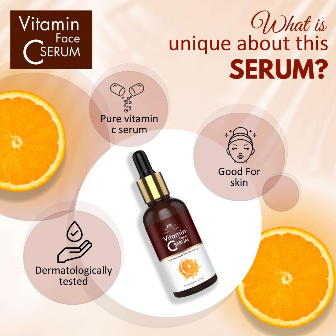 INTIMIFY Vitamin C Face Serum for Glowing Skin - Brightening & Anti-Aging Treatment | Reduces Dark Spots & Pigmentation | Hydrates Oily & Dry Skin | Men & Women | 30ml | Perfect for Morning Skincare Routine & Night Repair