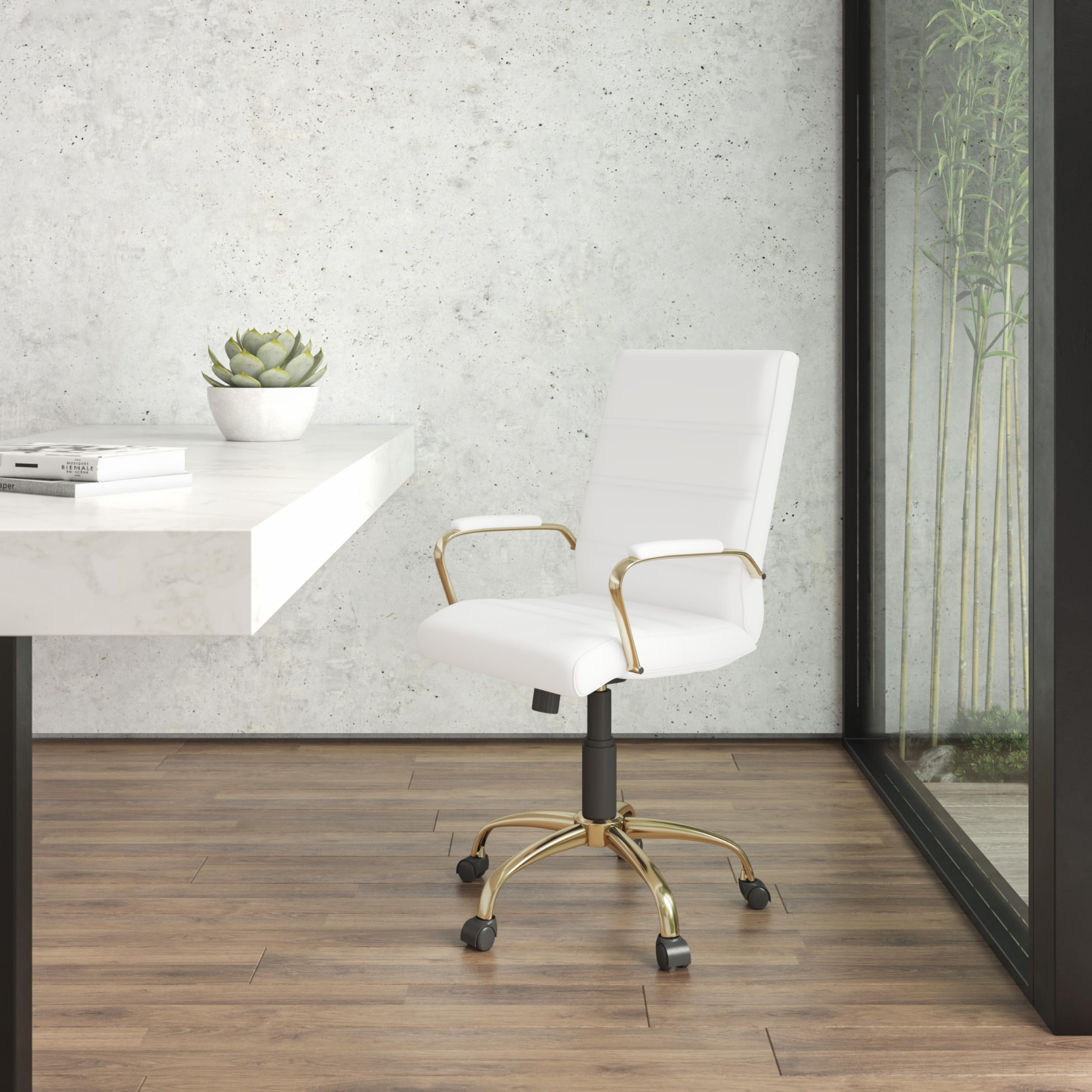 Premium White LeatherSoft Executive Mid-Back Swivel Office Chair with Gold Frame - Ergonomic Desk Chair with Adjustable Height & Armrests - Perfect for Home Office, Conference Rooms & Workspaces