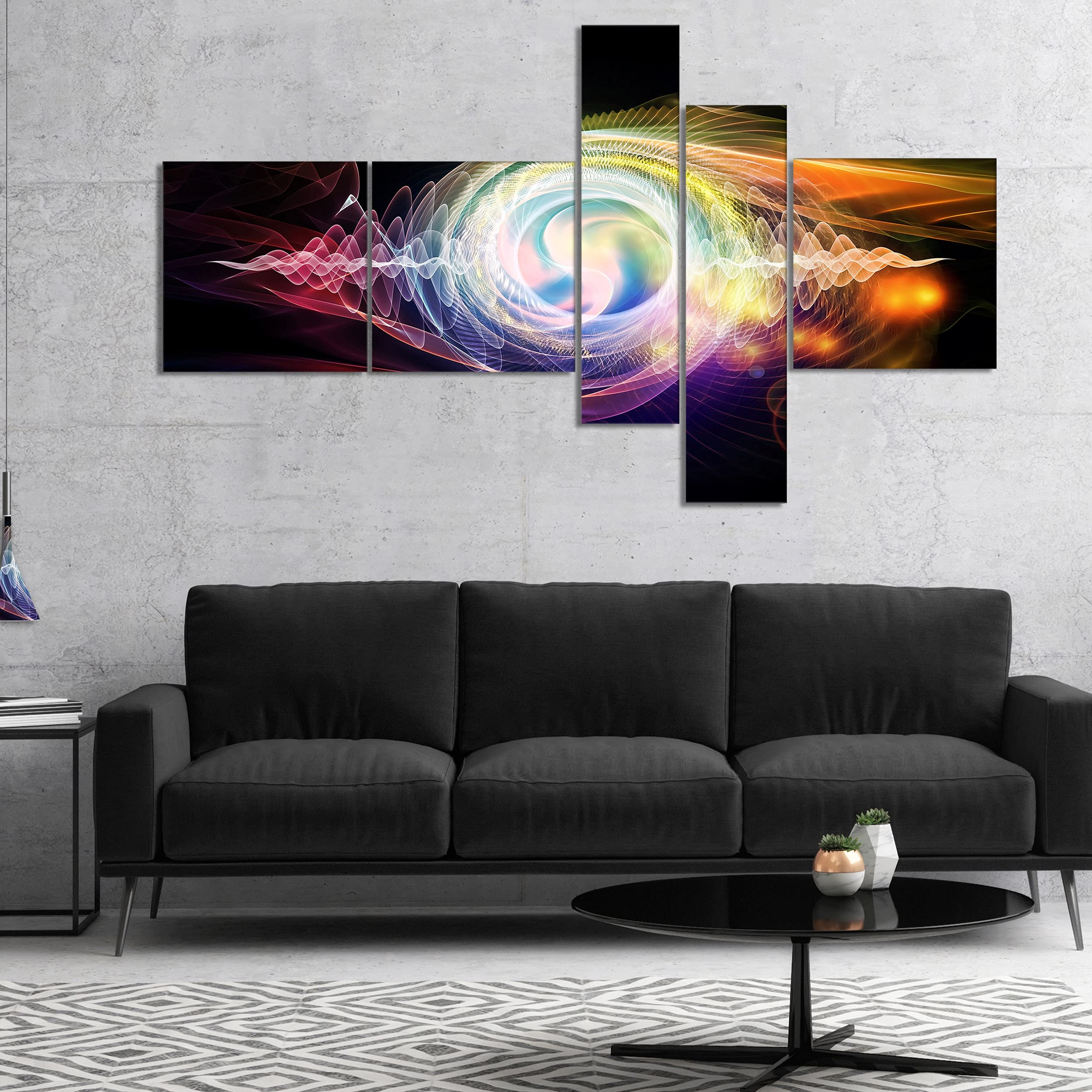 Abstract Canvas Wall Art - 'Bright Wave Particle in Air on Black' Modern Painting 60x32 Inch 5-Panel Set for Living Room, Bedroom & Office Decor | DESIGN ART
