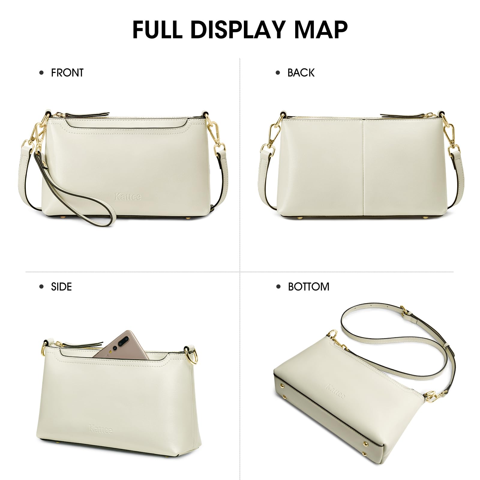 Kattee Women's Leather Crossbody Bag - Trendy Small Shoulder Purse with 2 Adjustable Straps, Handbag & Wristlet Wallet for Everyday Use, Work, Travel and Date Night
