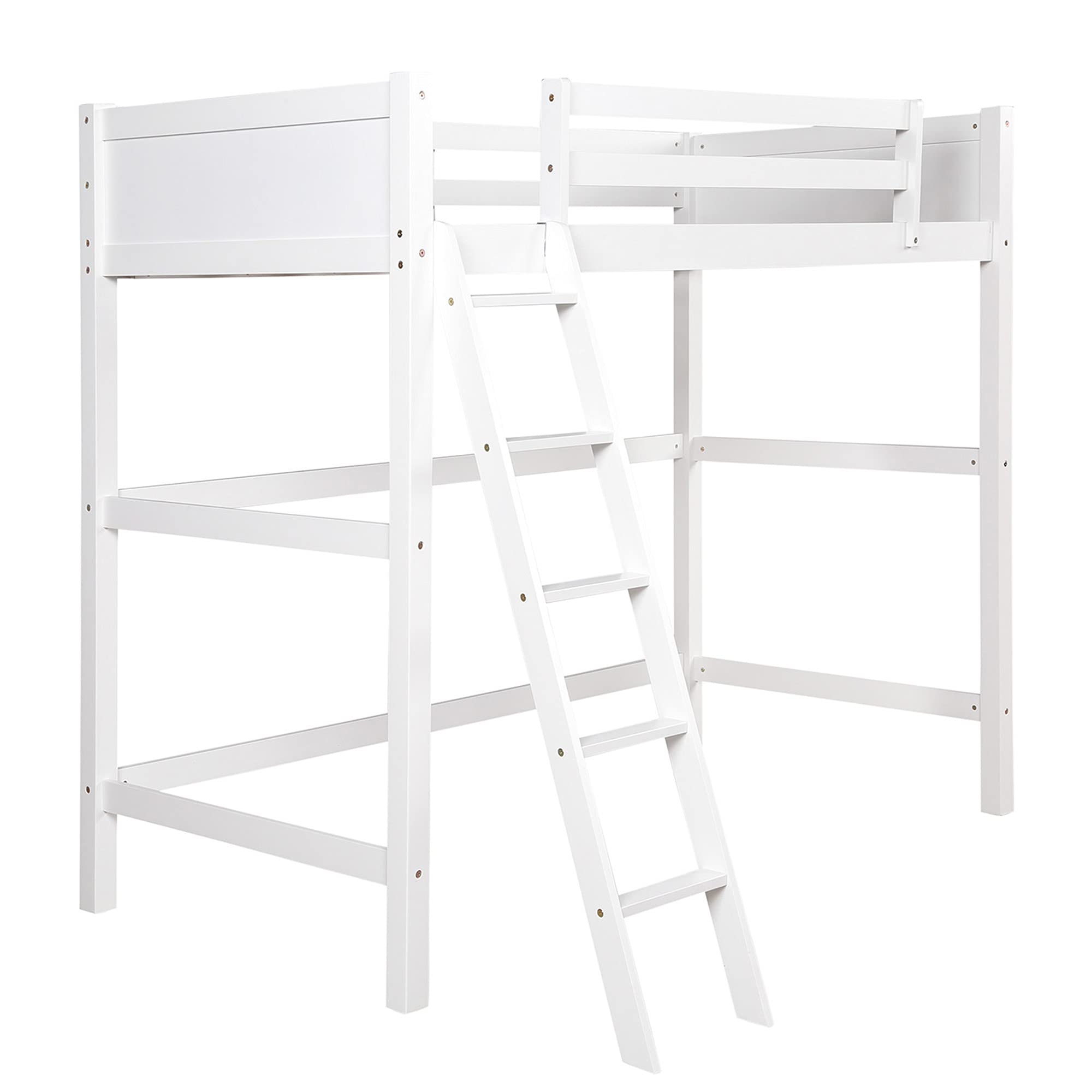 P PURLOVE Twin Loft Bed Frame - Sturdy Wooden Bunk Bed with Angled Ladder & Safety Rails, Space-Saving Kids Bedroom Furniture (White) - Perfect for Small Rooms, Dorms & Apartments