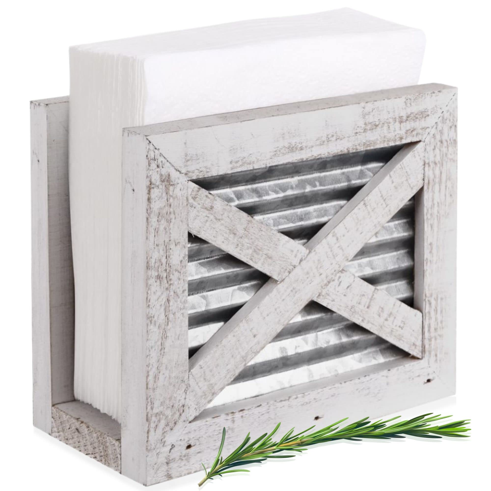 Farmhouse Napkin Holder - Rustic Wooden Napkin Holder with Classic Barn Door Design & Galvanized Metal - Shabby Chic White Country Style for Kitchen, Dining Table, Wedding Decor & Farmhouse Décor
