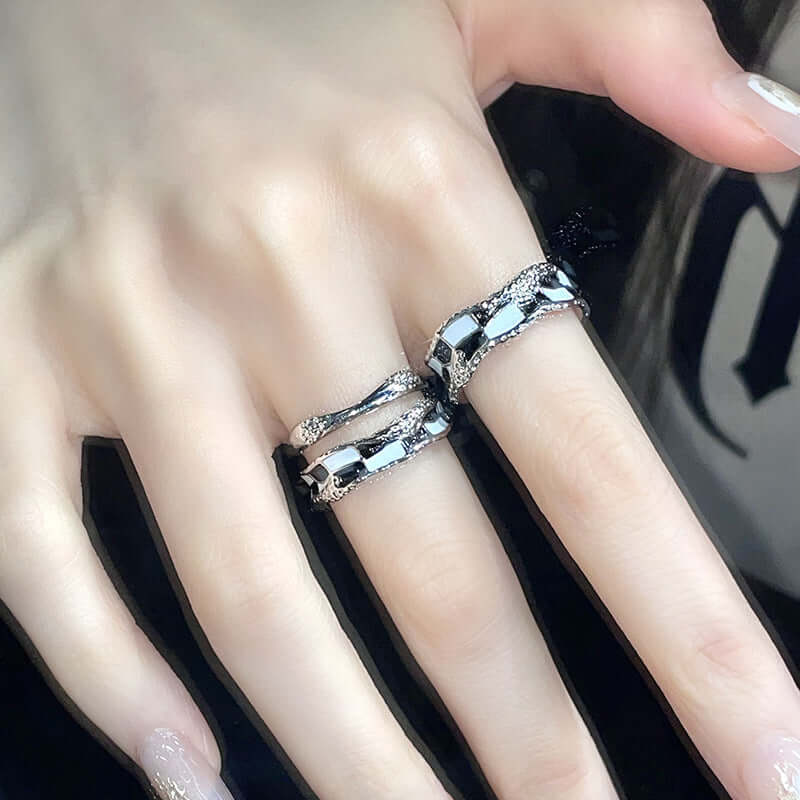 Black & White Checkerboard Layered Silver Ring for Women | JZ2517 | Elegant Stackable Jewelry for Everyday Wear & Special Occasions
