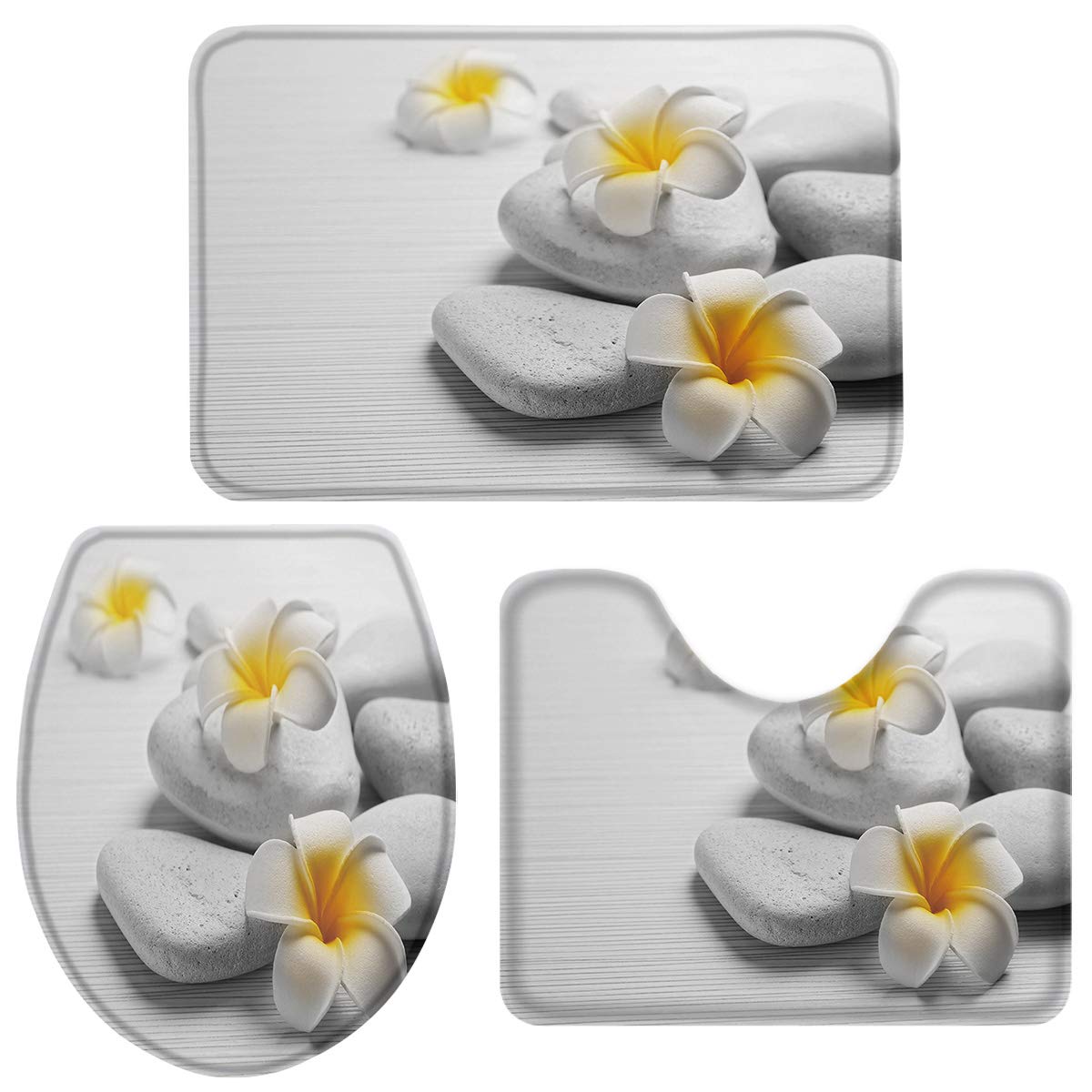3-Piece Non-Slip Bathroom Rug Set - Water Absorbent Toilet Mat & Washable Seat Cover with Yellow Plumeria Flower Design for Bathroom Safety and Comfort | Perfect for Modern Home Decor & Guest Bathrooms
