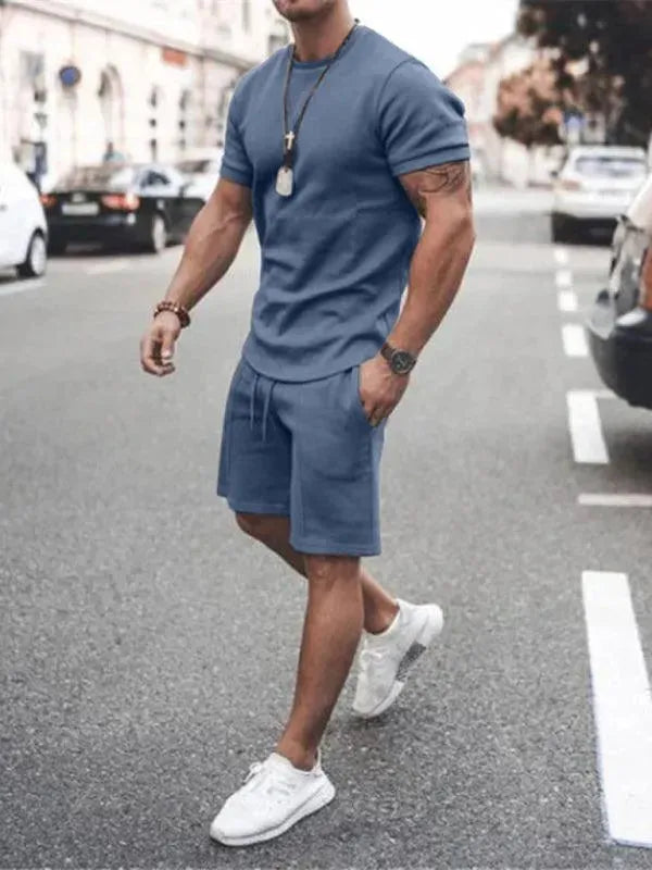 Men's Casual Olive Green Crewneck Cotton Short Sleeve T-Shirt & Shorts Set - Comfortable Summer Outfit for Relaxing, Travel & Outdoor Activities