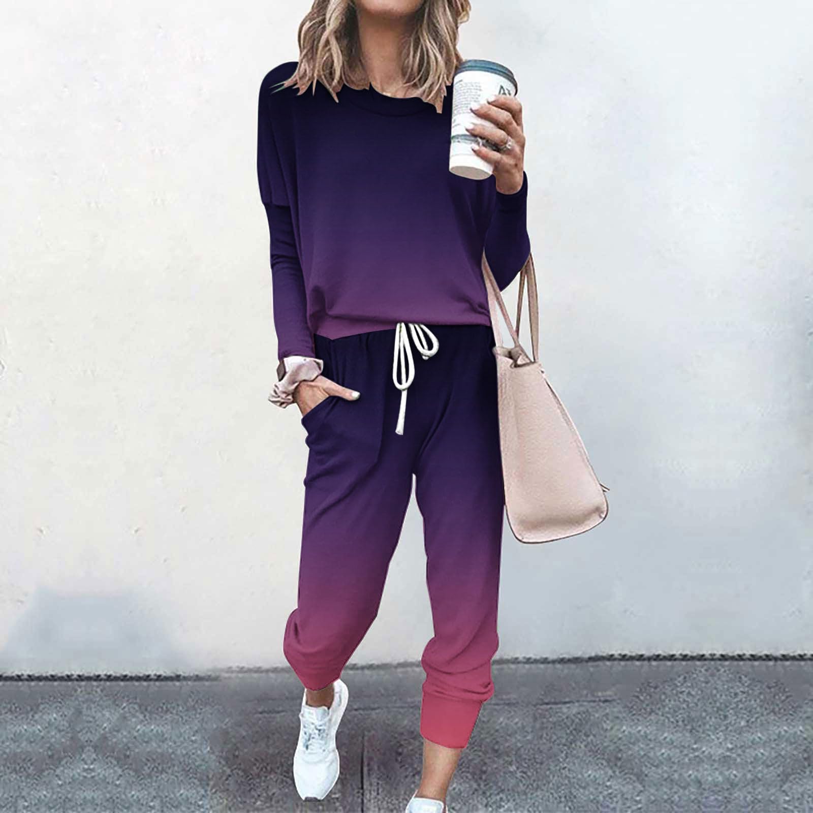 Women's 2-Piece Lounge Set - Crewneck Long Sleeve Top & Drawstring Jogger Pants Tracksuit | Comfortable Casual Outfit for Home, Yoga, Running & Travel