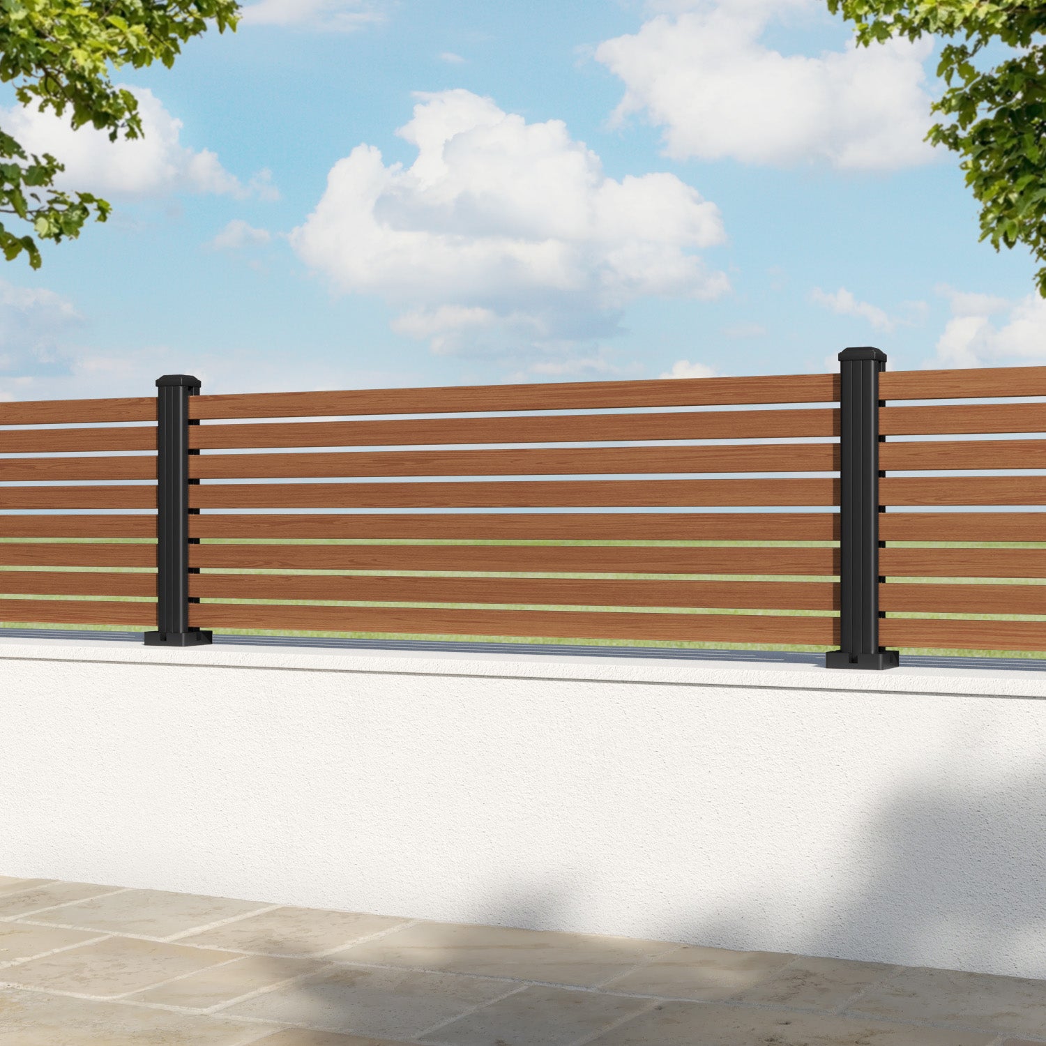 Aria Teak Aluminum Fence Panel with Aluminum Posts - Durable Outdoor Privacy Fence for Backyard, Garden, and Pool Area