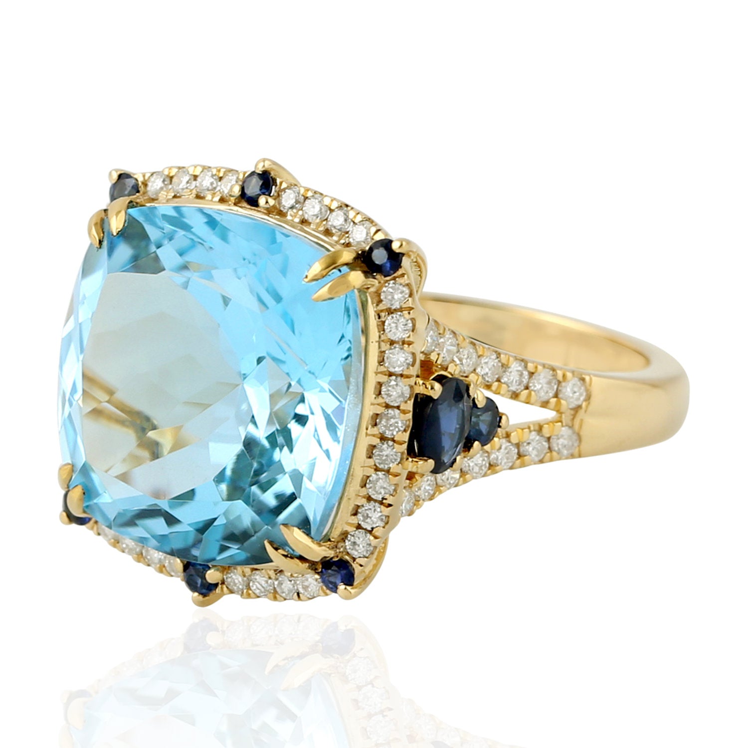 Exquisite Cushion Cut Blue Topaz & Sapphire Pave Diamond Cocktail Ring in 14K Gold | Elegant Statement Jewelry for Evening Parties, Weddings & Special Occasions