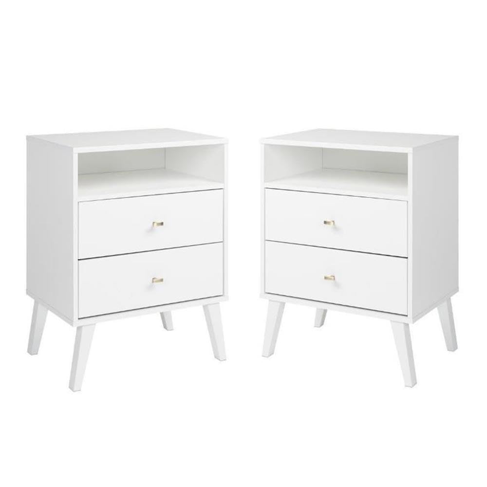 Mid Century Modern Nightstand Set of 2 - White 2-Drawer Tall Bedside Table for Bedroom, Living Room & Guest Room - Home Square Furniture