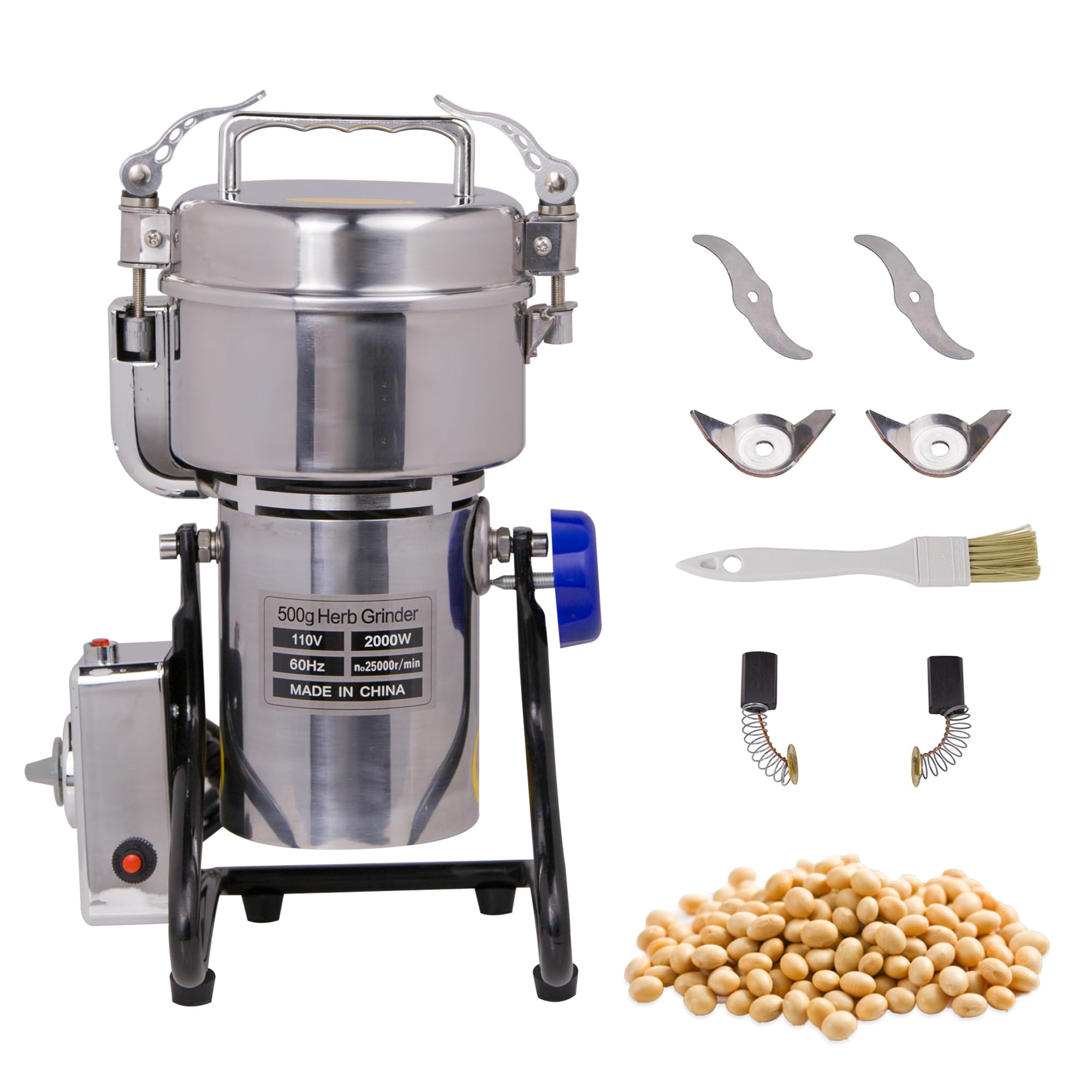 500g Electric Grain Grinder - 2000W High-Speed Stainless Steel Commercial Powder Mill for Coffee Beans, Spices, Herbs & Dry Ingredients | Swing-Type Pulverizer Machine for Home & Commercial Kitchens