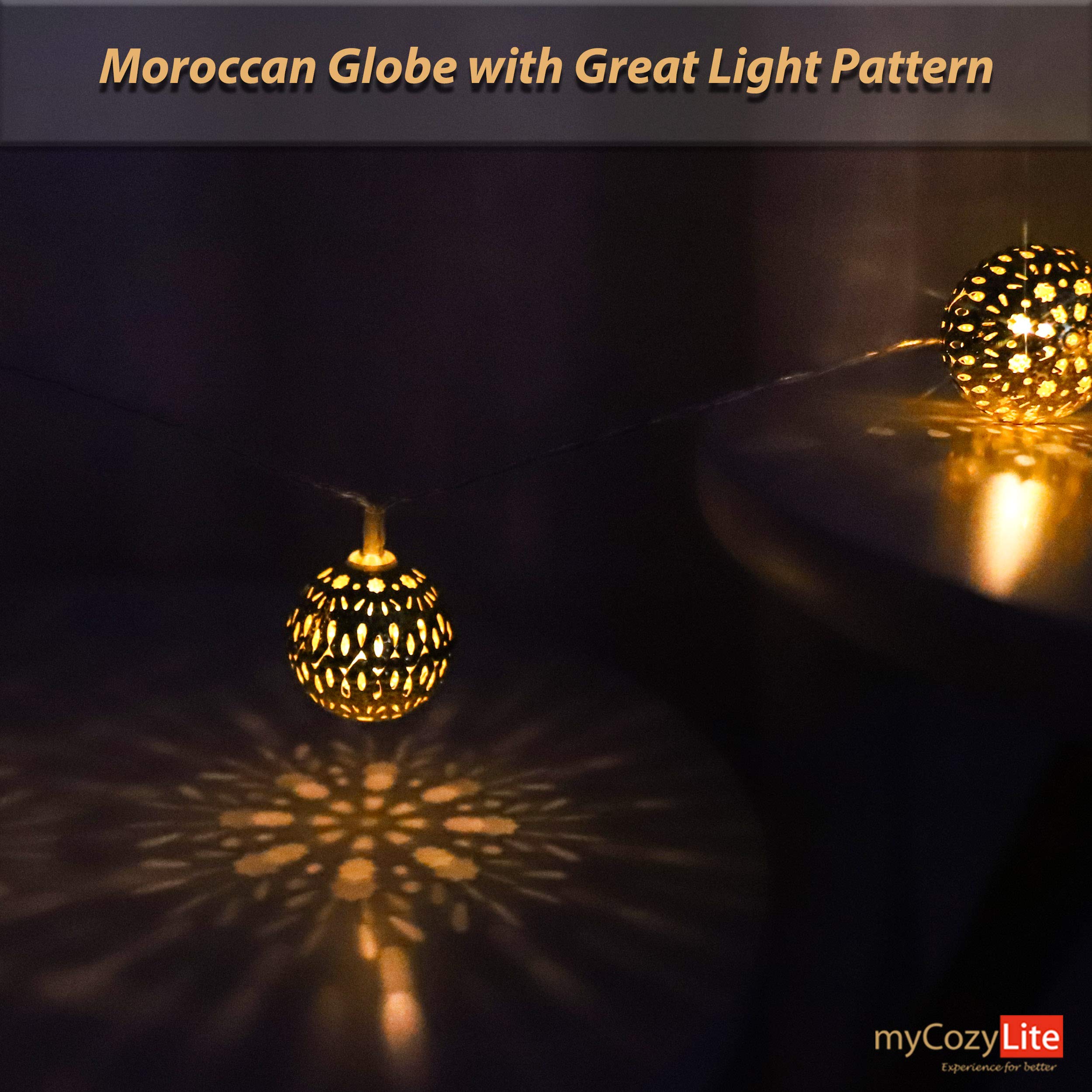 myCozyLite LED Globe String Lights - 10ft Warm White Moroccan Fairy Lights with Timer, 20 Golden Metal Globes, Battery Powered for Bedroom, Wedding, Party & Outdoor Decor