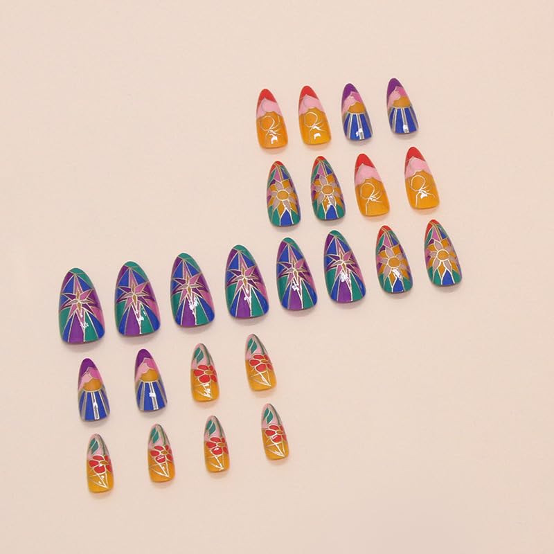 24Pcs Colorful Press on Medium Almond Fake Nails with Stained Glass Flower Designs - Gothic Acrylic False Nails Glossy Full Cover - DIY Artificial Stick on Nails for Women & Girls - Perfect for Parties, Weddings, Halloween & Daily Wear