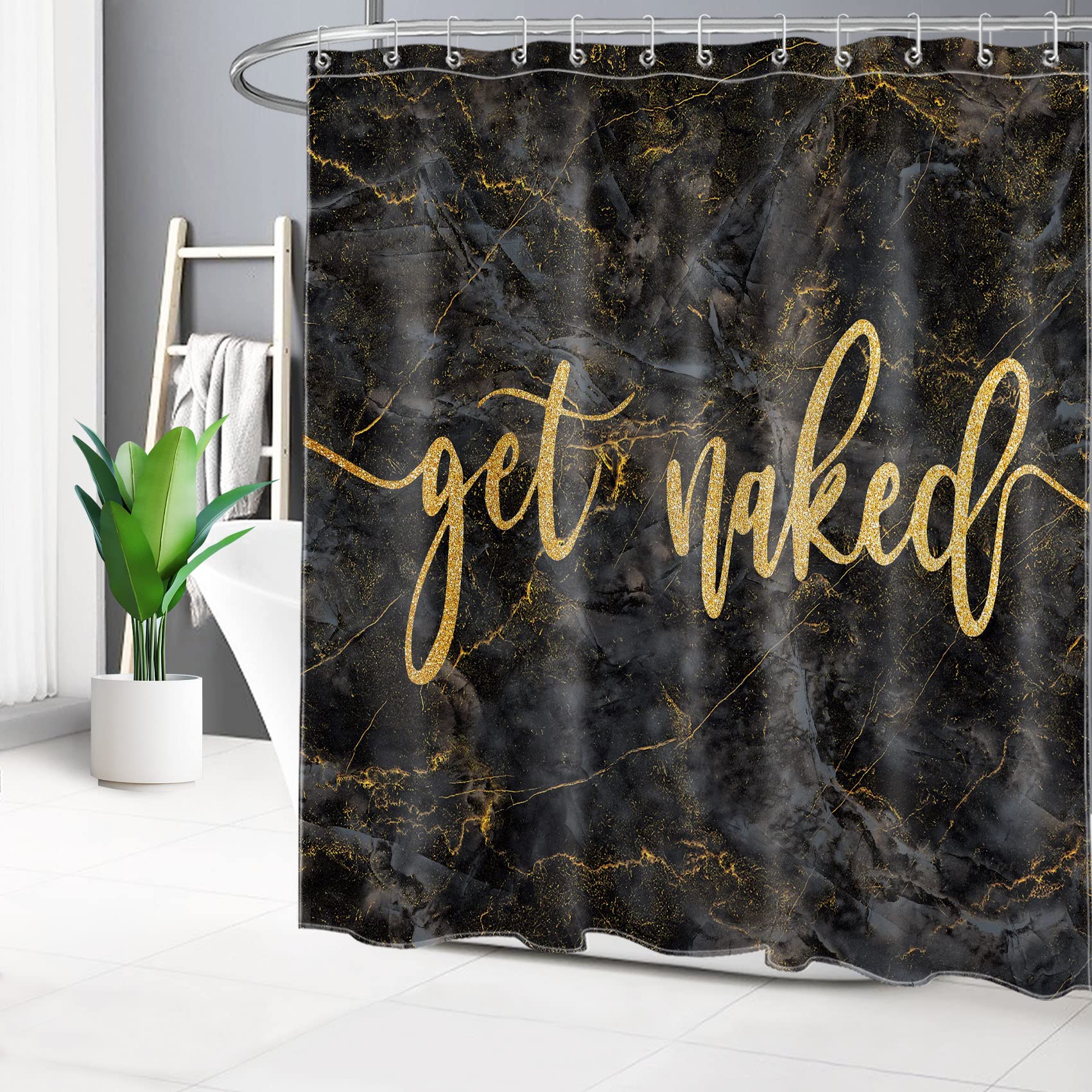 HVEST Gold and Black Marble Shower Curtain - Modern Abstract Art Bathroom Decor with Hooks, 72x72 Inch Polyester Fabric - Perfect for Minimalist Bathrooms & Spa-Like Showers