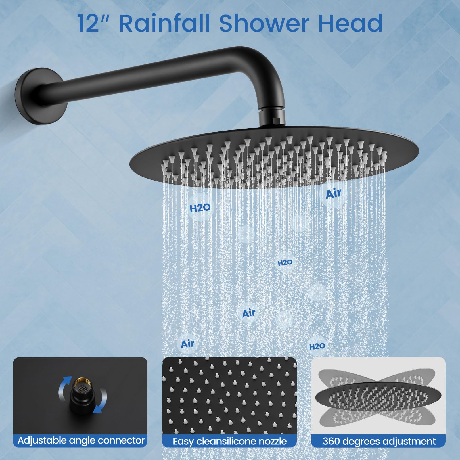 Airuida 2-Function Wall Mounted Shower Faucet Set - High Pressure Brass Handheld Shower with Rough-in Valve & 12 Inch Rainfall Shower Head in Matte Black - Perfect for Modern Bathroom Renovation & Spa-Like Shower Experience