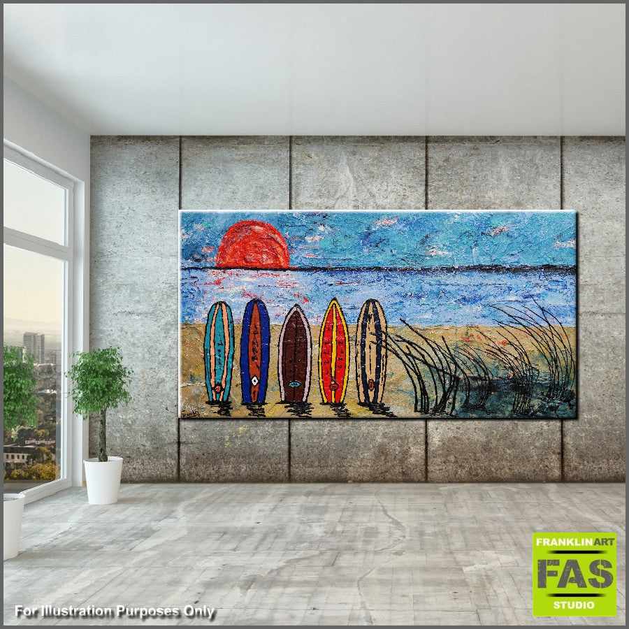 Abstract Realism Surfboard Sunset Wall Art - Handmade Canvas Painting for Beach House Decor, Living Room & Office