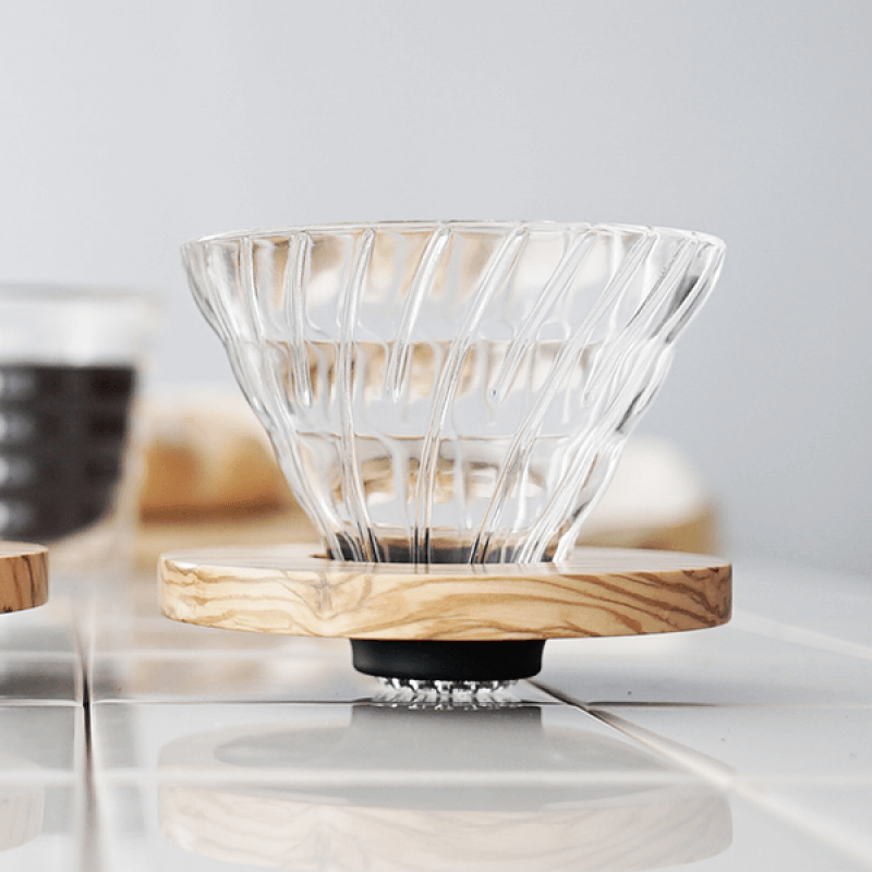 Hario V60 Glass Coffee Dripper with Olive Wood Handle - Perfect for Pour Over Brewing at Home or Office