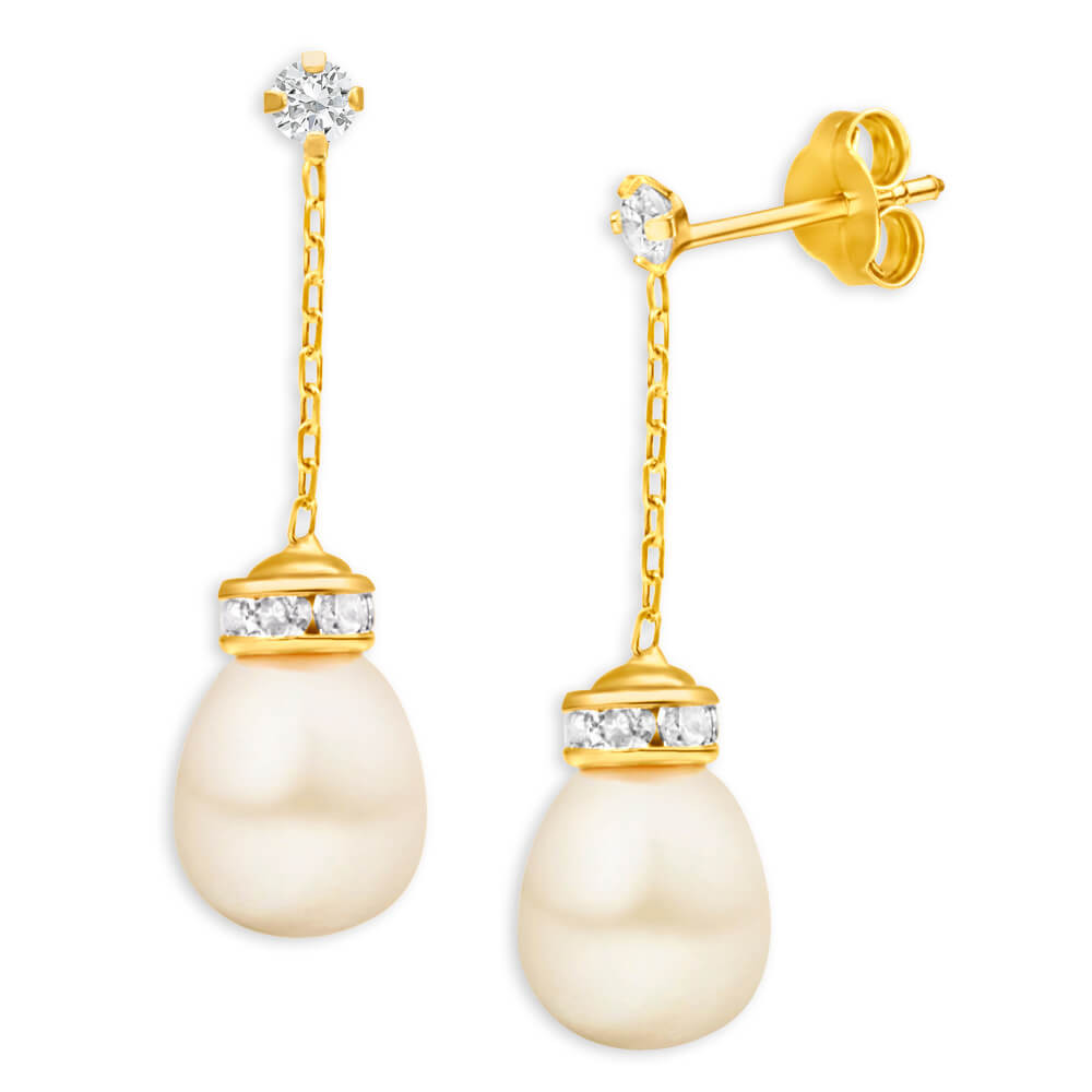 9ct Elegant Yellow Gold Cubic Zirconia & Pearl Drop Earrings for Women - Perfect for Weddings, Parties & Special Occasions