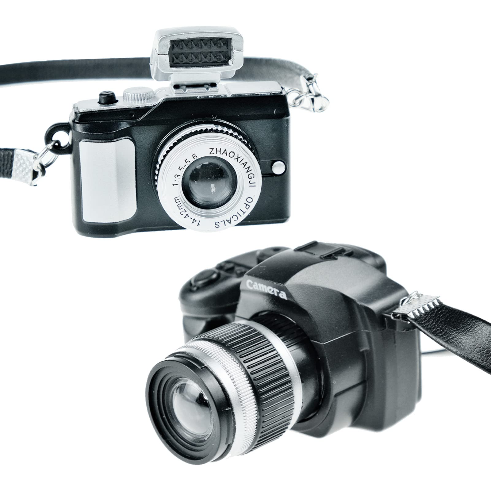 2Pcs Miniature SLR Camera for Dolls - 1:4 Scale Vintage Mini Camera with Flash & Shutter Sound - Perfect for Dollhouse Decor, Photography Props, and Collectible Miniatures - Great for DIY Scenes, Model Displays, and Creative Photography Projects