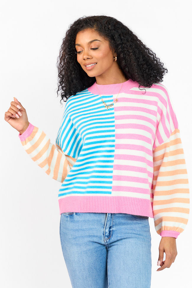 Stylish Blue Pink Orange Multi-Color Block Striped Sweater for Women | Trendy Casual Knit Pullover | Perfect for Fall Winter Outfits & Cozy Layering