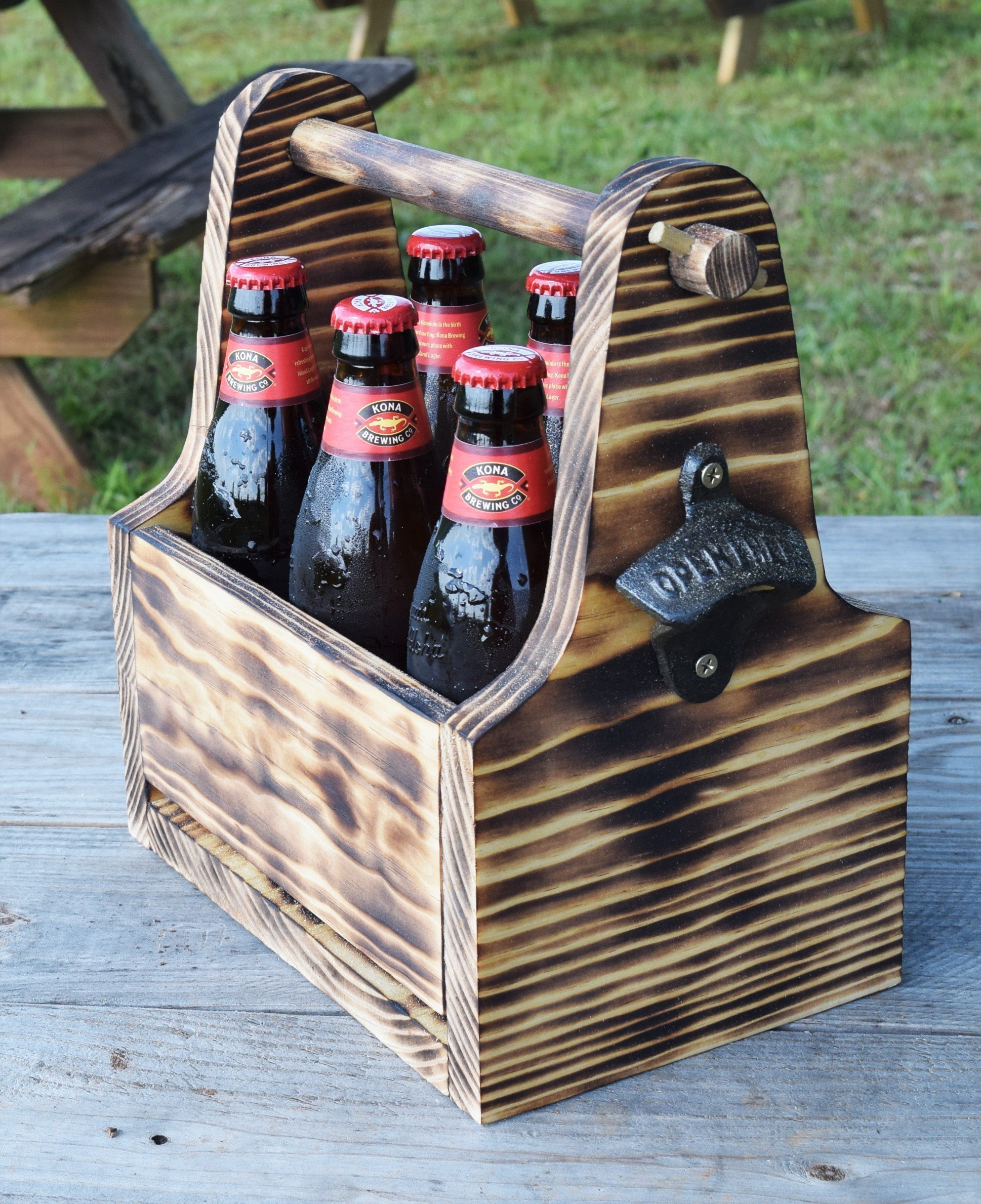 Rustic Wooden Beer Tote - Handcrafted 6-Bottle Beer Carrier with Handle - Perfect for Picnics, Camping & Outdoor Parties