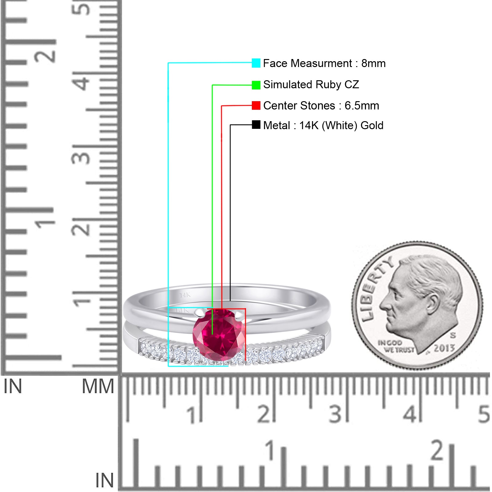 14K White Gold Round Solitaire & Half Eternity Band Ruby CZ Bridal Ring Set - Elegant Wedding, Engagement, Anniversary Jewelry Gift for Her