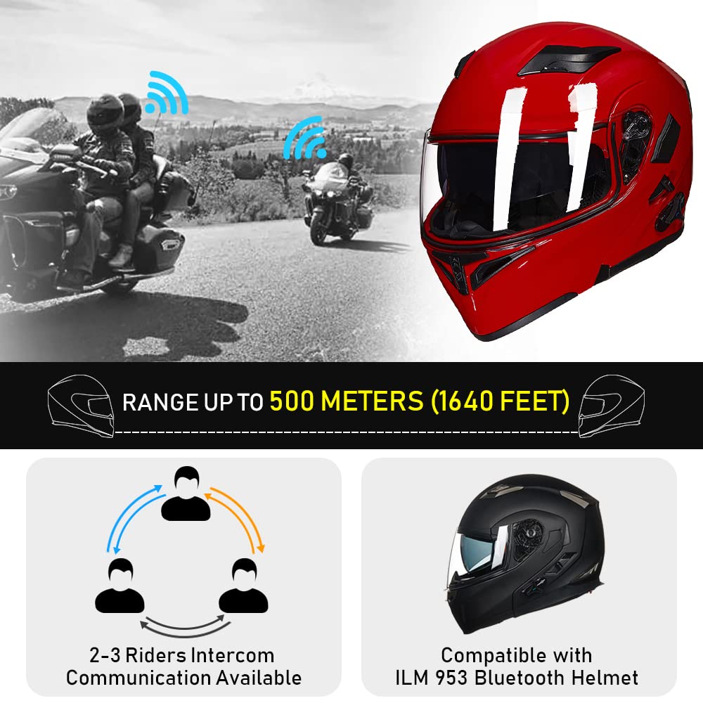 ILM Bluetooth Motorcycle Helmet Modular Flip up Full Face Dual Visor with MP3 Intercom & FM Radio - DOT Approved Model 902BT (Bright Red, Large) for Safe Riding & Hands-Free Communication