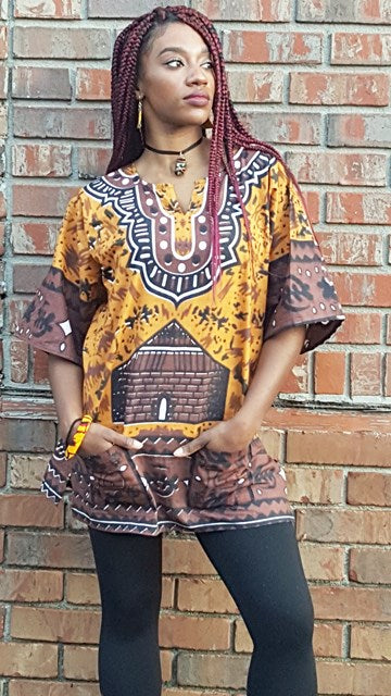 Gye Nyame African Print Dashiki Shirt for Men - Traditional Ankara Cotton Tunic Top with V-Neck (DP3763W) - Perfect for Cultural Events, Weddings & Afrocentric Fashion