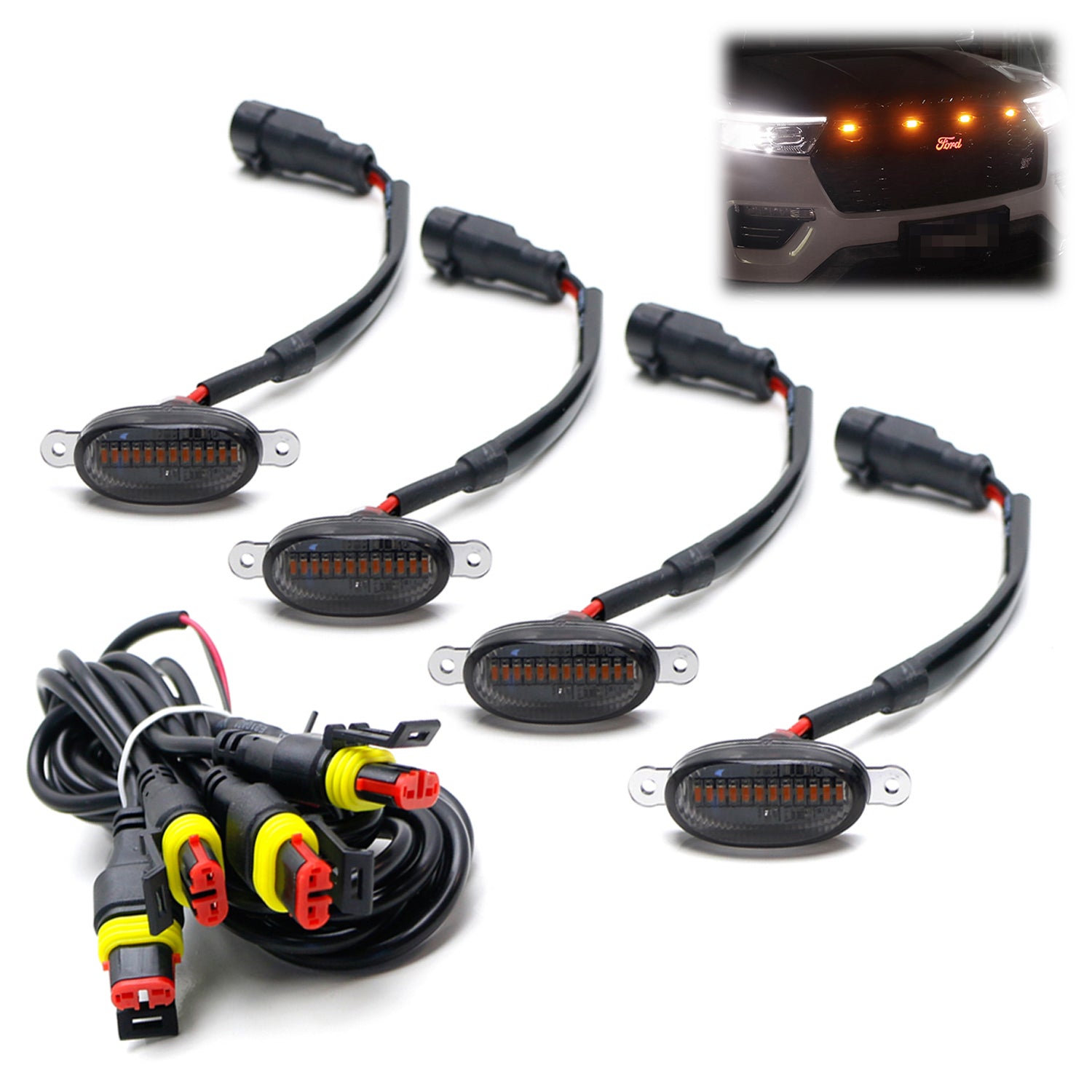 4-Piece Raptor Style Smoked Lens Amber LED Front Grille Light Kit - Universal Fit for Trucks & SUVs - Off-Road, Night Driving & Custom Styling
