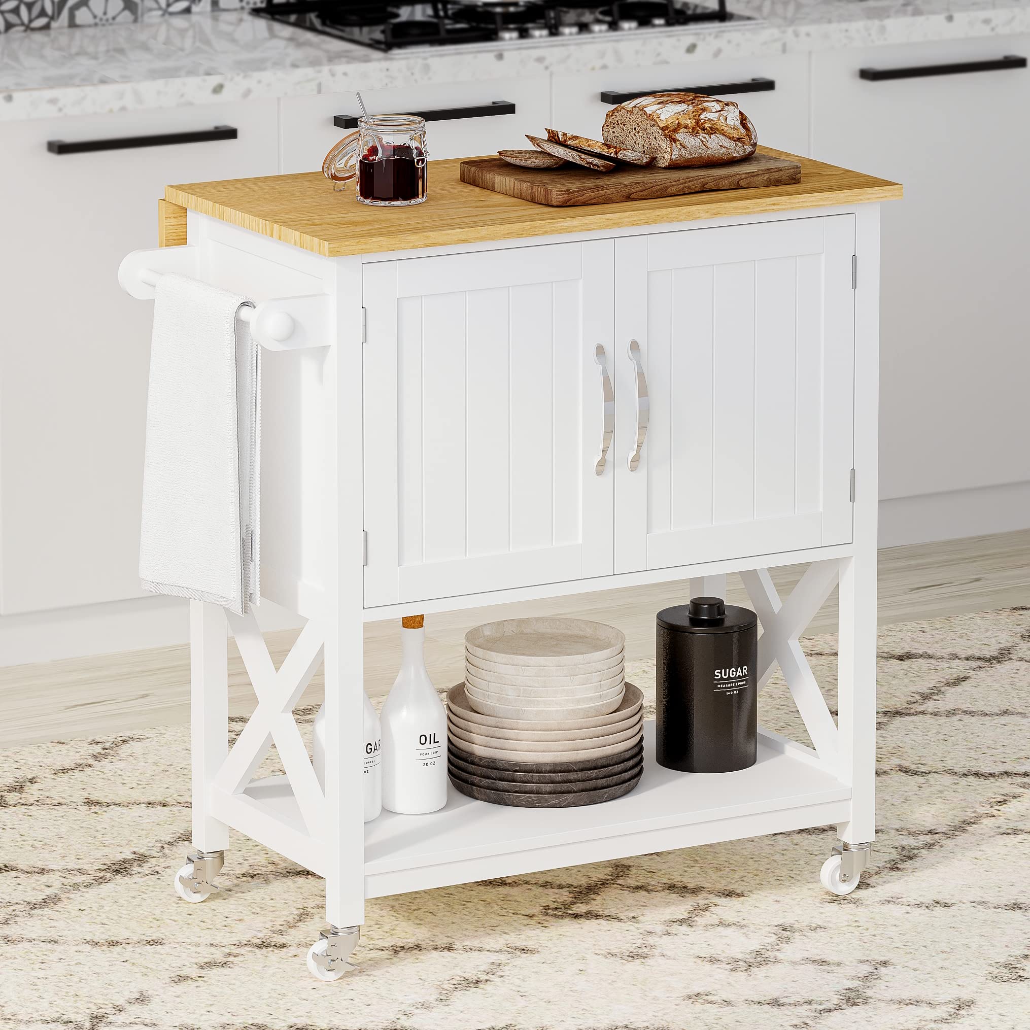 Spirich Kitchen Island on Wheels with Storage Cabinet - White Rolling Kitchen Cart with Drop Leaf & Towel Rack | Portable Mobile Workstation for Small Kitchens, Dining Rooms & Apartments | Perfect for Food Prep, Extra Counter Space & Storage Organization
