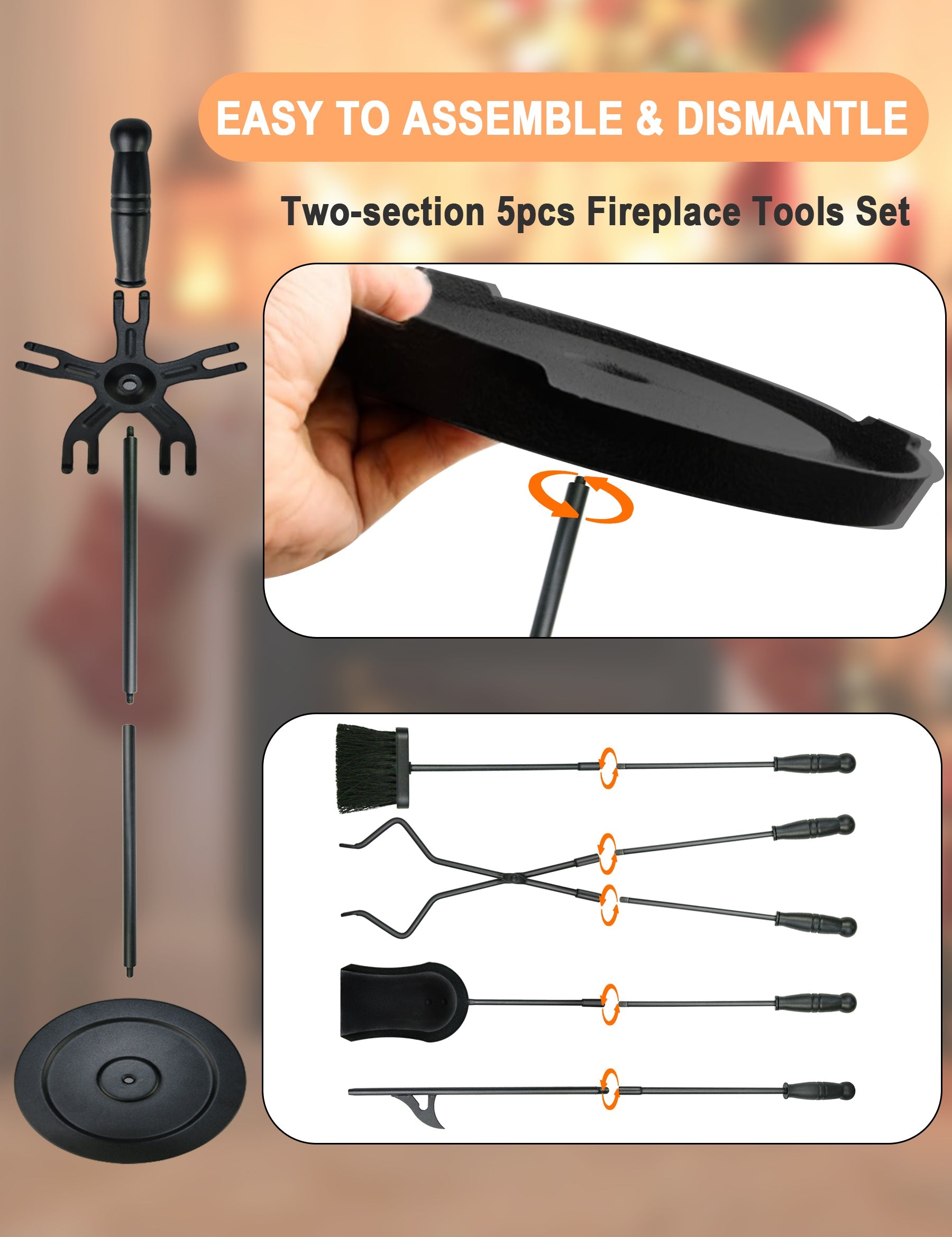 Premium 5-Piece Modern Fireplace Tool Set with 2-in-1 Poker - Heavy Duty Steel Construction for Indoor & Outdoor Use - Perfect for Fire Pits, Wood Stoves, and Hearth Maintenance