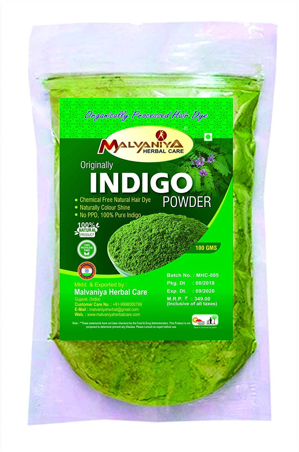 Organic Malvaniya Herbal Indigo Powder for Natural Hair & Beard Dye - 100% Pure Black Color (Pack of 2 x 100g, Total 200g) - Safe Chemical-Free Gray Coverage for Men & Women at Home