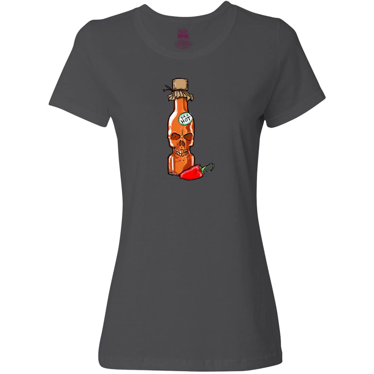Inktastic Hot Sauce Skull Bottle with Pepper Women's T-Shirt | Funny Spicy Food Lover Graphic Tee | Perfect for Halloween, Gift Giving & Casual Wear