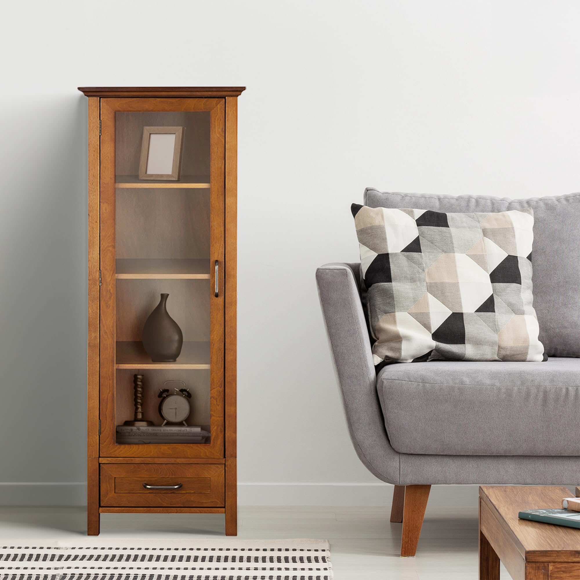 Teamson Home Avery Linen Tower - Tall Slim Narrow Wooden Bathroom Storage Cabinet with Glass Panel Door, 4 Tiered Shelves & 1 Drawer in Oil Oak Finish | Space-Saving Organizer for Bathroom Essentials, Towels & Toiletries