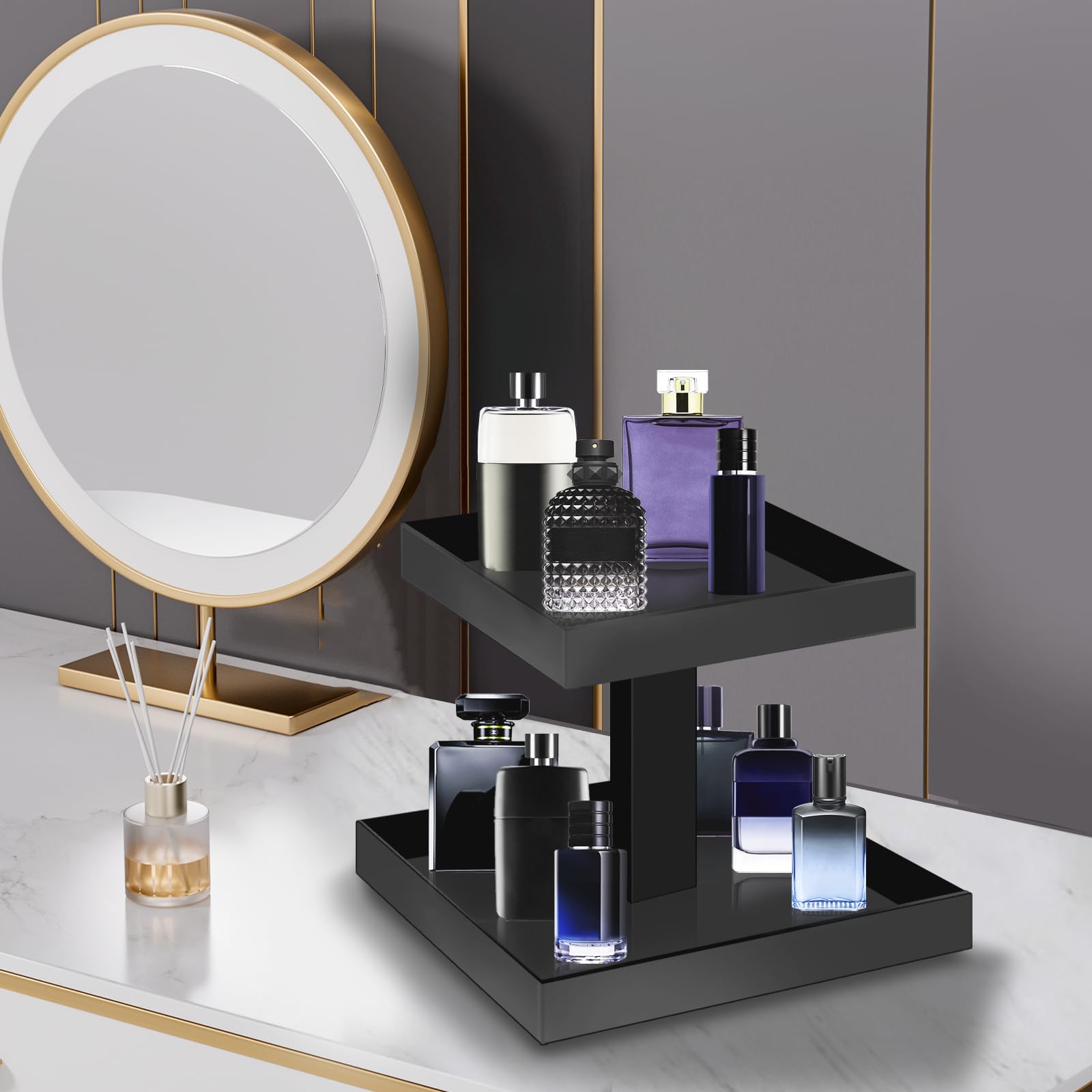 YAGELI 2-Tier Acrylic Cologne Organizer for Men - Black Perfume Display Stand with Sturdy Rectangular Design | Space-Saving Vanity Storage for Bathroom, Bedroom & Dresser (Ideal for Fragrance Collection & Grooming Essentials)