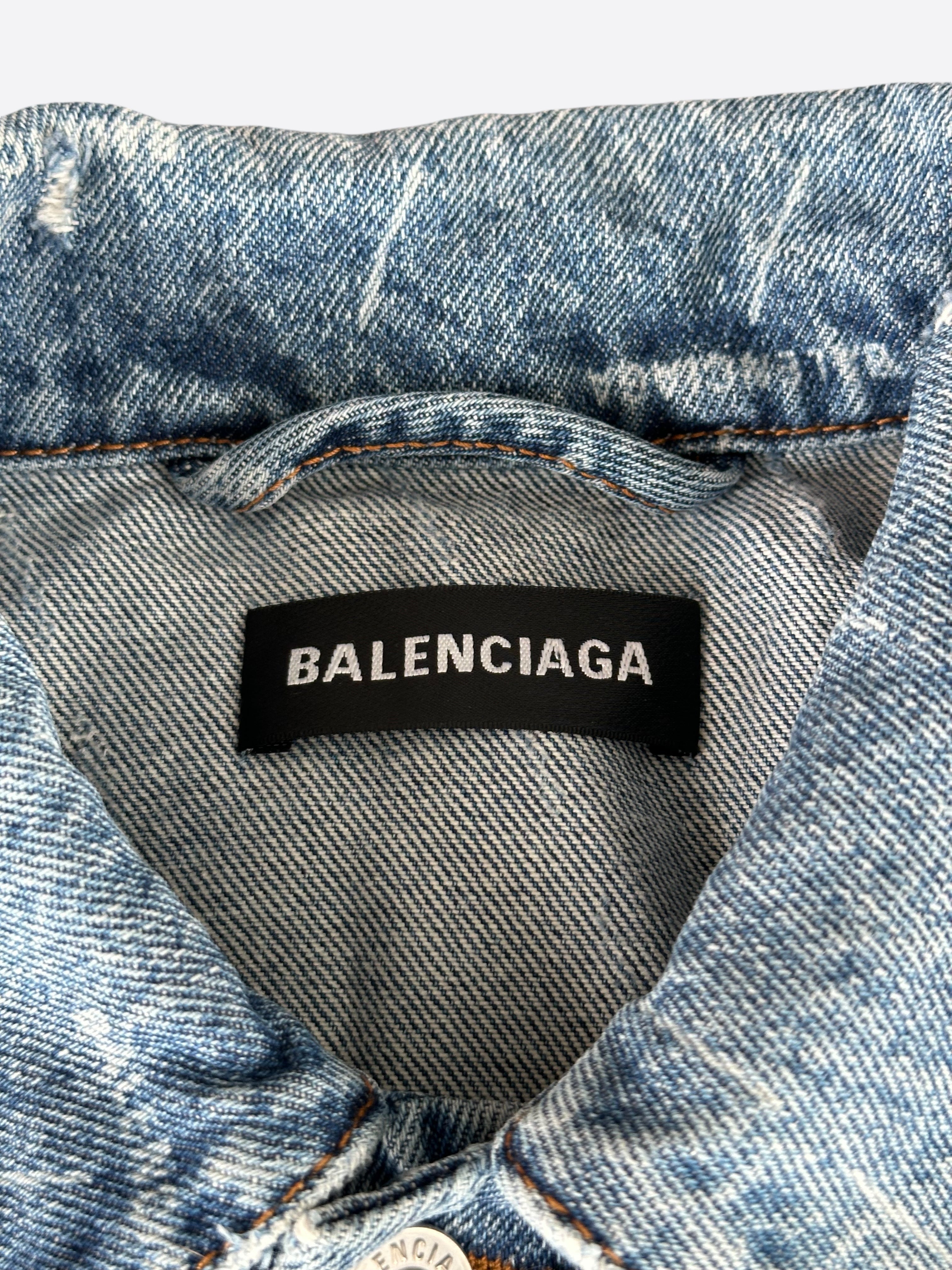 Balenciaga Blue & White All Over Print Denim Jacket for Men & Women | Stylish Vintage Distressed Denim Coat | Perfect for Streetwear, Casual Outfits & Fashion Events