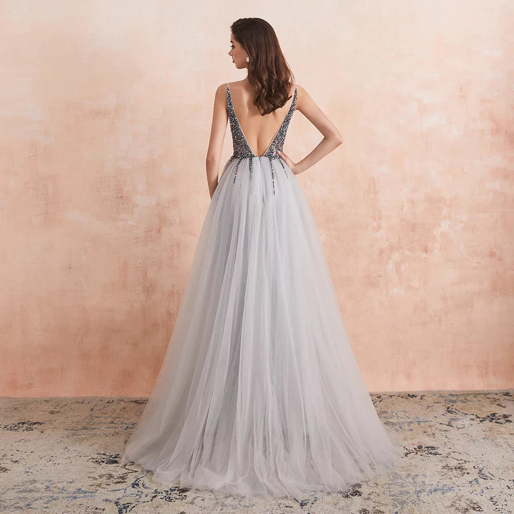 Elegant Beaded Prom Dresses - Long Sexy V-Neck High Slit Tulle Evening Gown with Sweep Train | Sleeveless A-Line Backless Formal Dress for Homecoming, Wedding, Party & Special Occasions