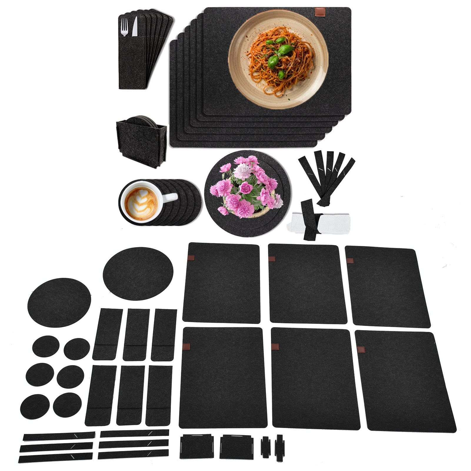27Pcs Non-Slip Felt Placemats Set - Heat Resistant Table Mats for Dining Table, Kitchen Counter & Restaurant Use - Waterproof Felt Coasters for Home, Office & Hotel Decor