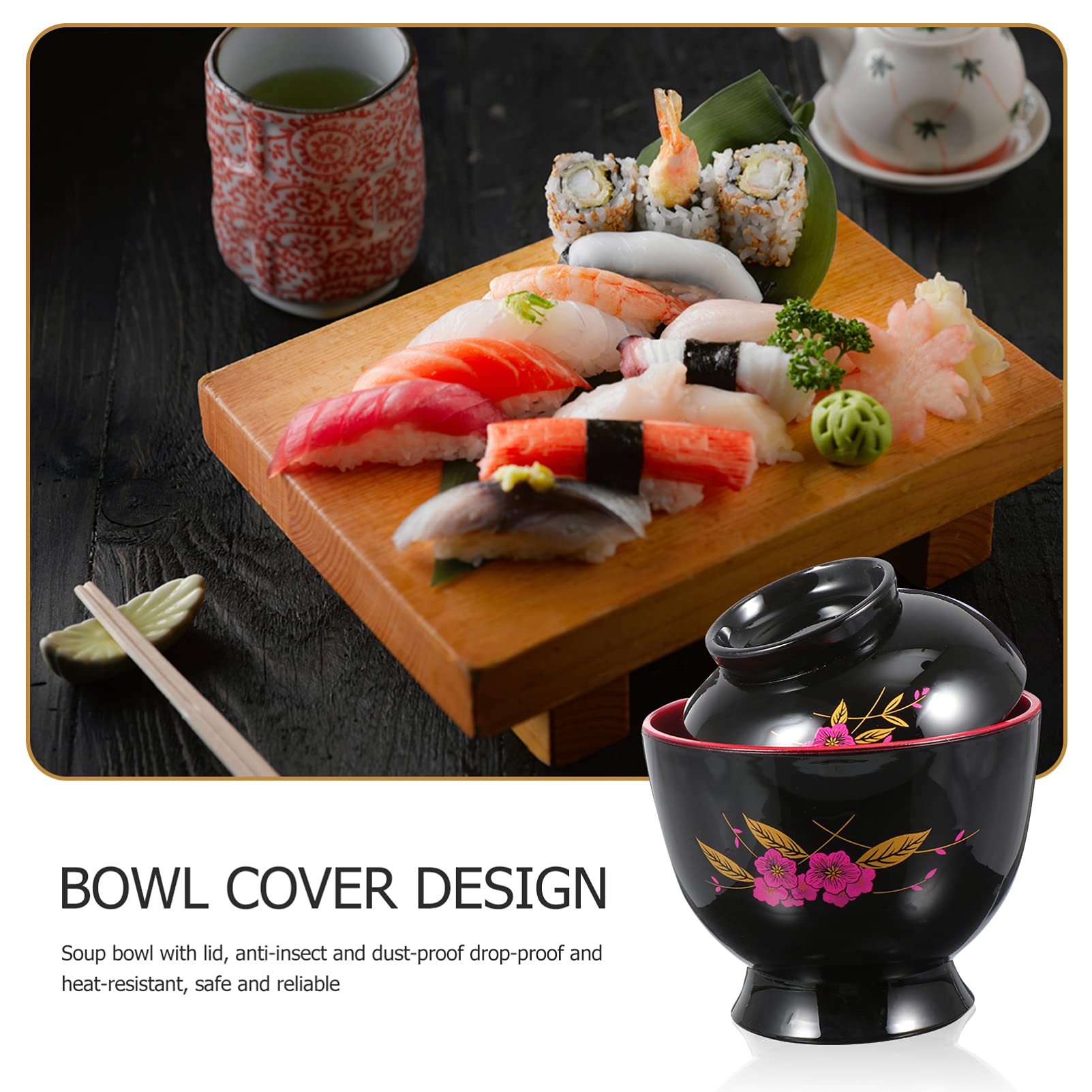Hemoton Japanese Miso Soup Bowl with Lid - Traditional Ramen & Rice Bowl, Lacquer Finish, Black Style - Perfect for Home Kitchen & Dining Serving