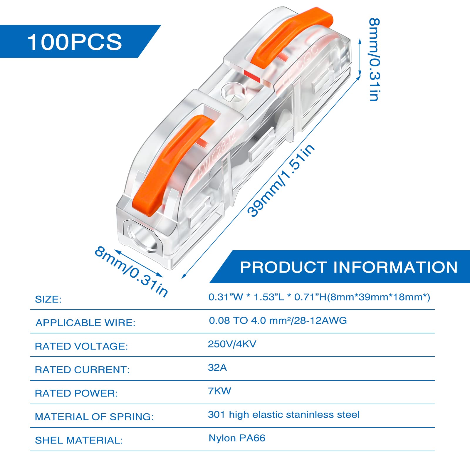 Zhengmy 100-Piece Lever Wire Connectors Kit - Compact Splicing Terminal Blocks for 28-12 AWG Wires (Orange) - Ideal for Home Electrical Projects, DIY Wiring, and Automotive Repairs