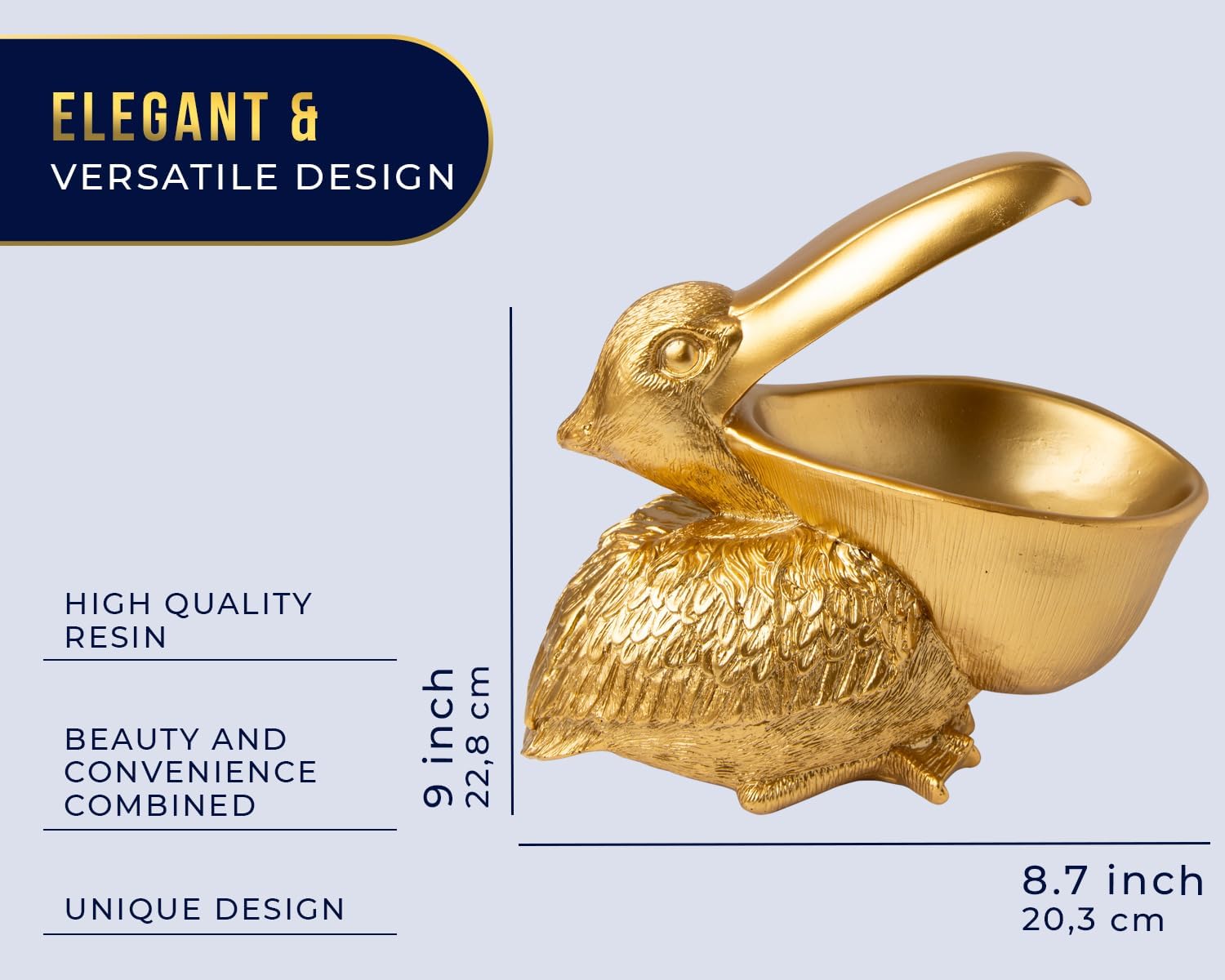 Golden Pelican Decorative Bowl - Elegant Pelican Sculpture with Open Bowl Design for Snacks, Candies, Jewelry & Home Decor - Premium Golden Finish Accent Piece - Perfect for Living Room, Dining Table & Gift Giving