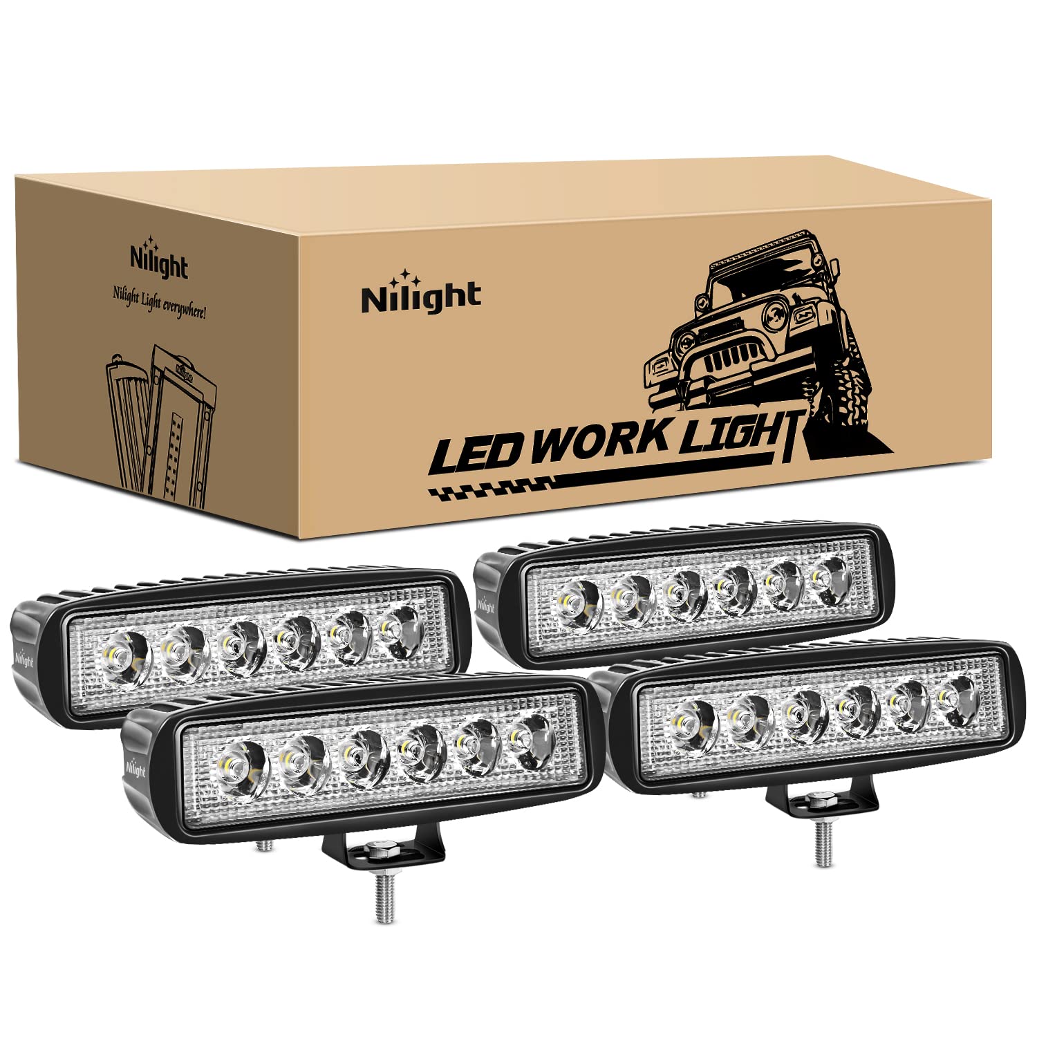 Nilight 4PCS 18W LED Light Bar - Spot Driving Fog Lights for Off Road, Boat, SUV, Jeep | Waterproof Work Lights for Outdoor Adventures & Night Driving