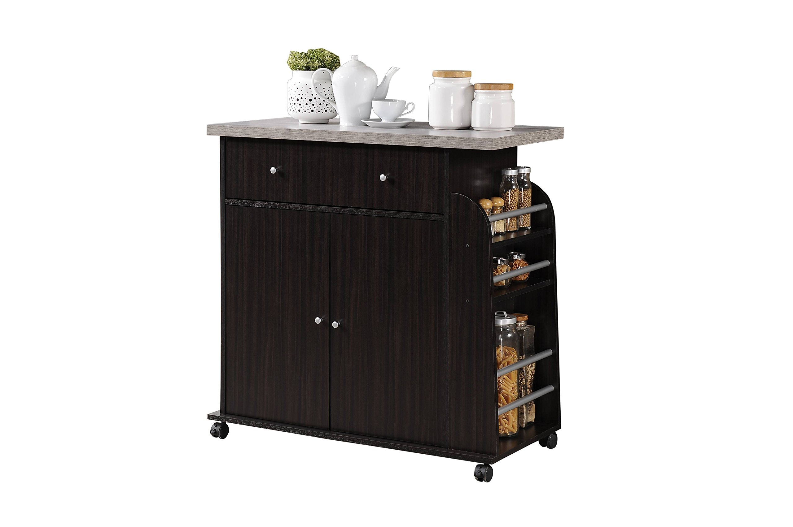 Hodedah Chocolate Kitchen Island with Spice Rack & Towel Rack - Portable Rolling Cart for Small Spaces, Extra Storage for Spices, Utensils & Towels - Perfect for Apartments, Dorms & Compact Kitchens